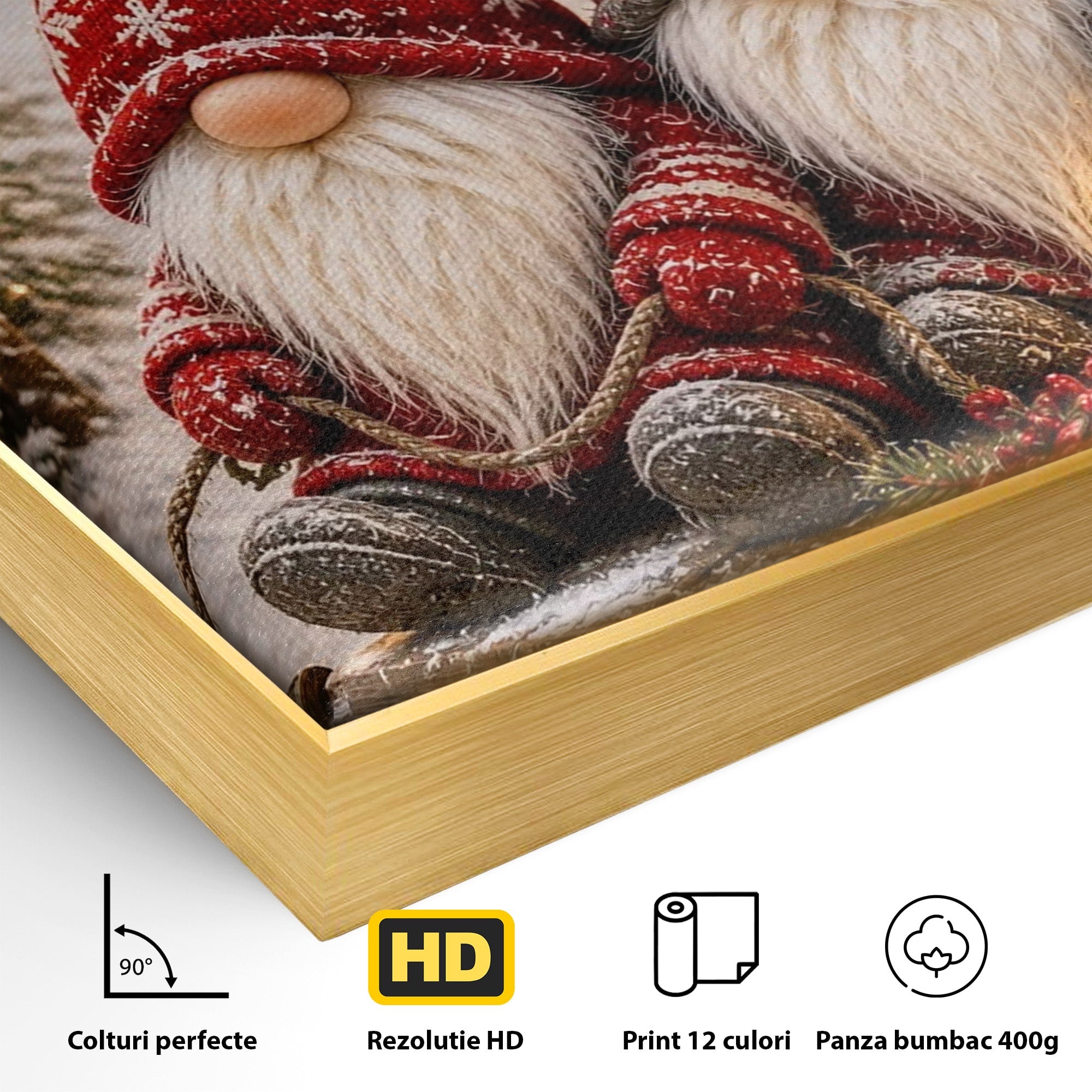 Tablou Canvas Premium LuxCanva® PI1262, Gnomi De Craciun Pe Sanie, Luminite, Feerie, Iarna, Cabana, Living, Culori Vibrante