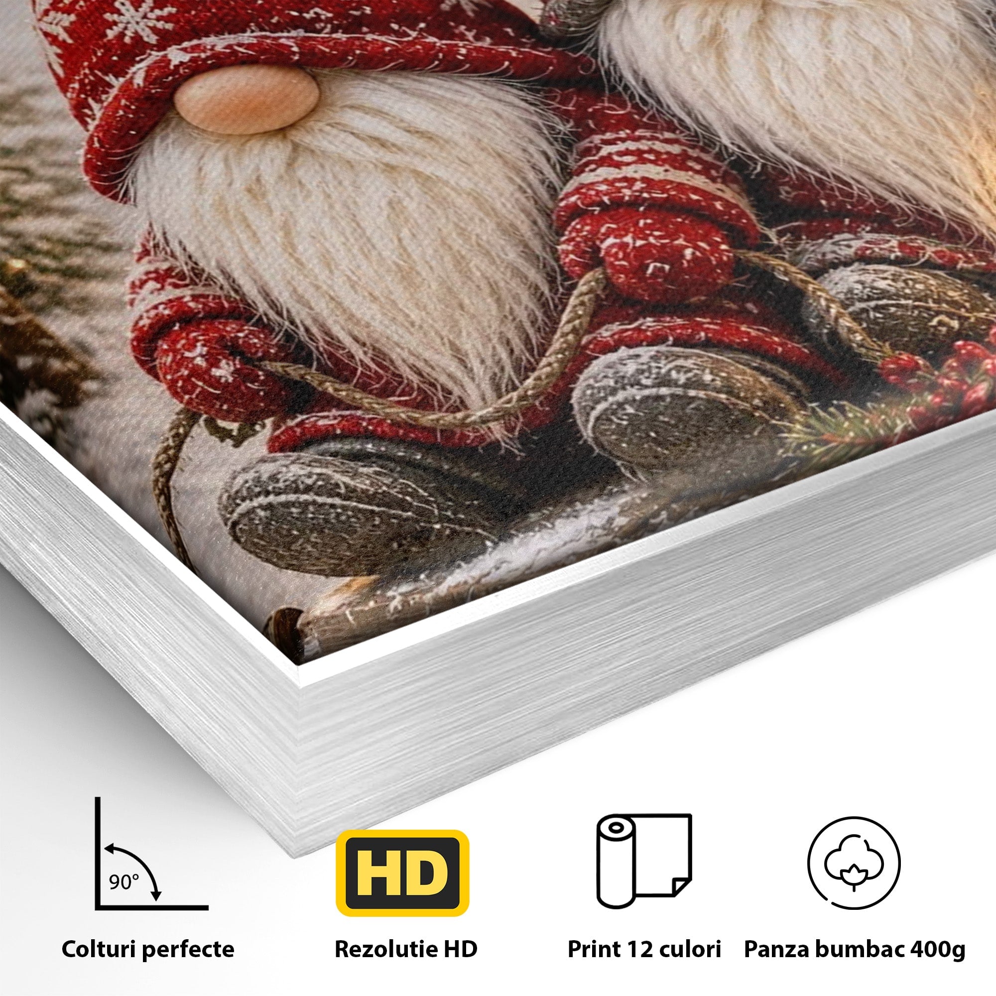 Tablou Canvas Premium LuxCanva® PI1262, Gnomi De Craciun Pe Sanie, Luminite, Feerie, Iarna, Cabana, Living, Culori Vibrante