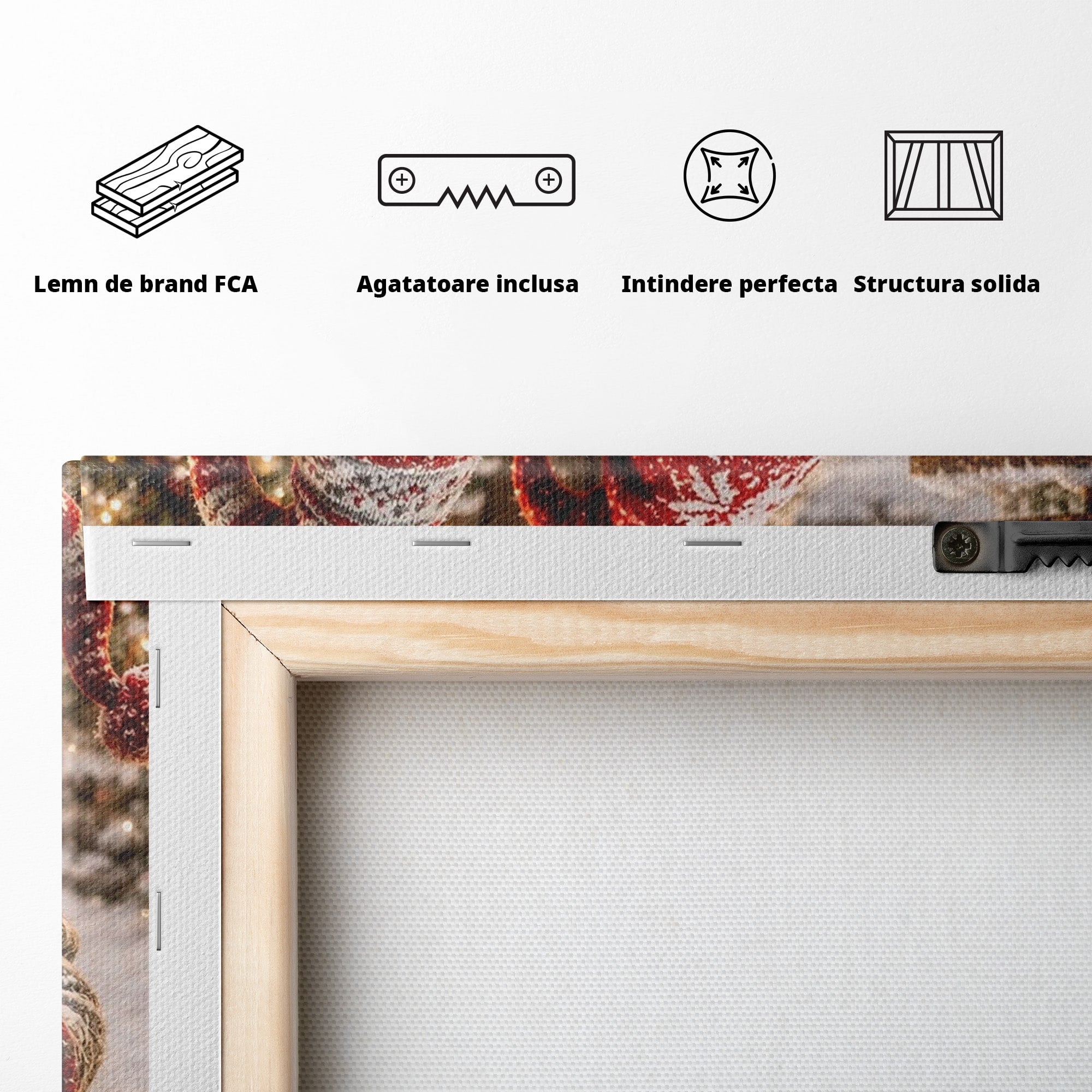 Tablou Canvas Premium LuxCanva® PI1262, Gnomi De Craciun Pe Sanie, Luminite, Feerie, Iarna, Cabana, Living, Culori Vibrante