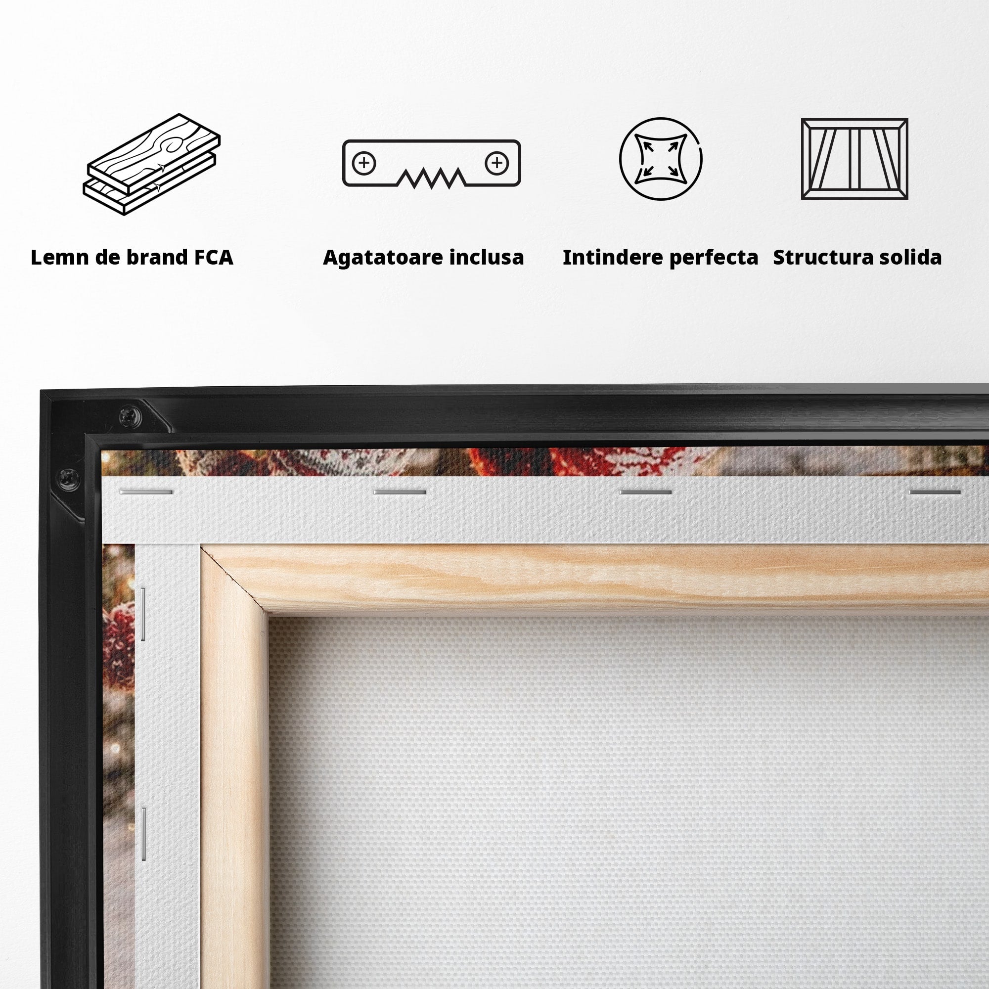 Tablou Canvas Premium LuxCanva® PI1262, Gnomi De Craciun Pe Sanie, Luminite, Feerie, Iarna, Cabana, Living, Culori Vibrante