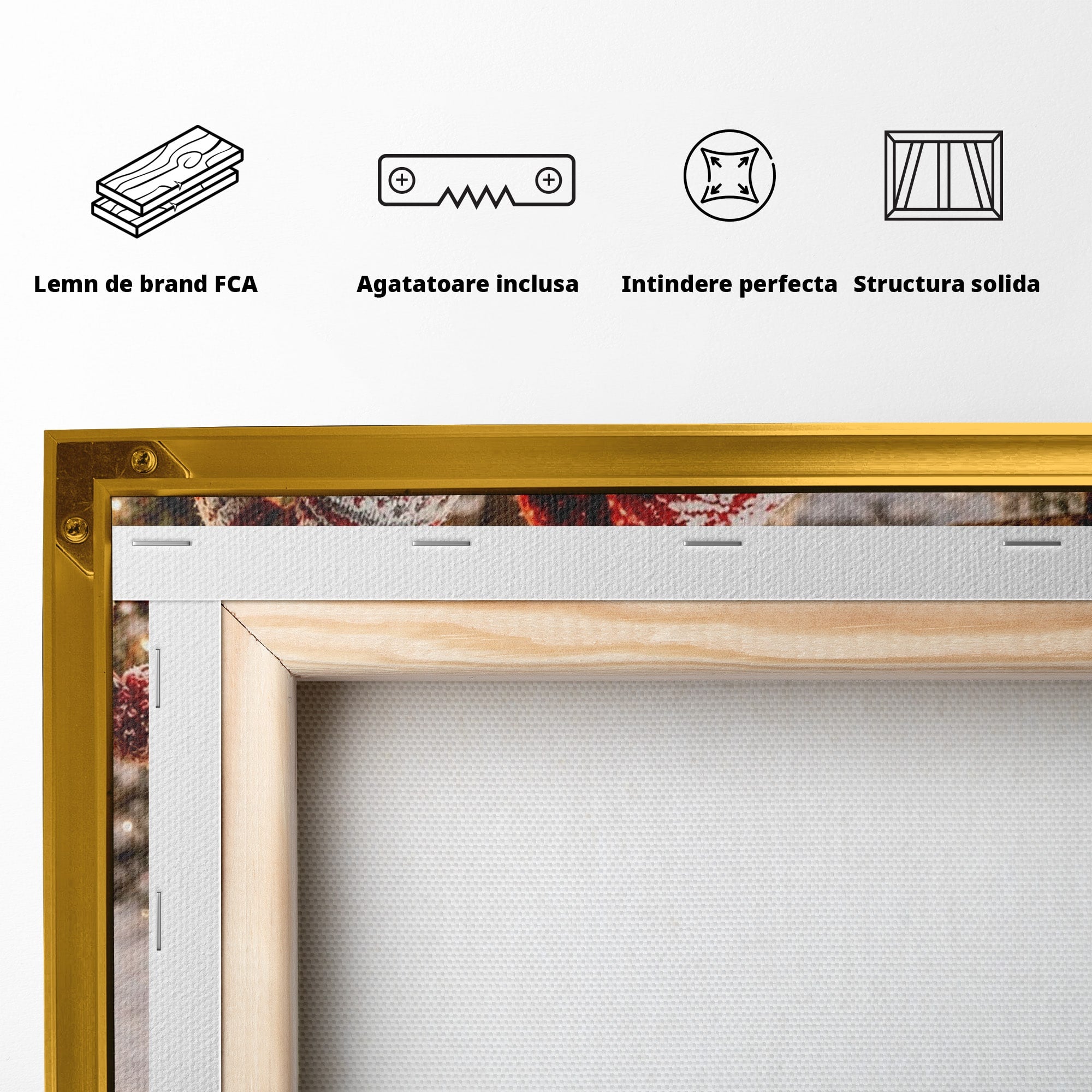 Tablou Canvas Premium LuxCanva® PI1262, Gnomi De Craciun Pe Sanie, Luminite, Feerie, Iarna, Cabana, Living, Culori Vibrante