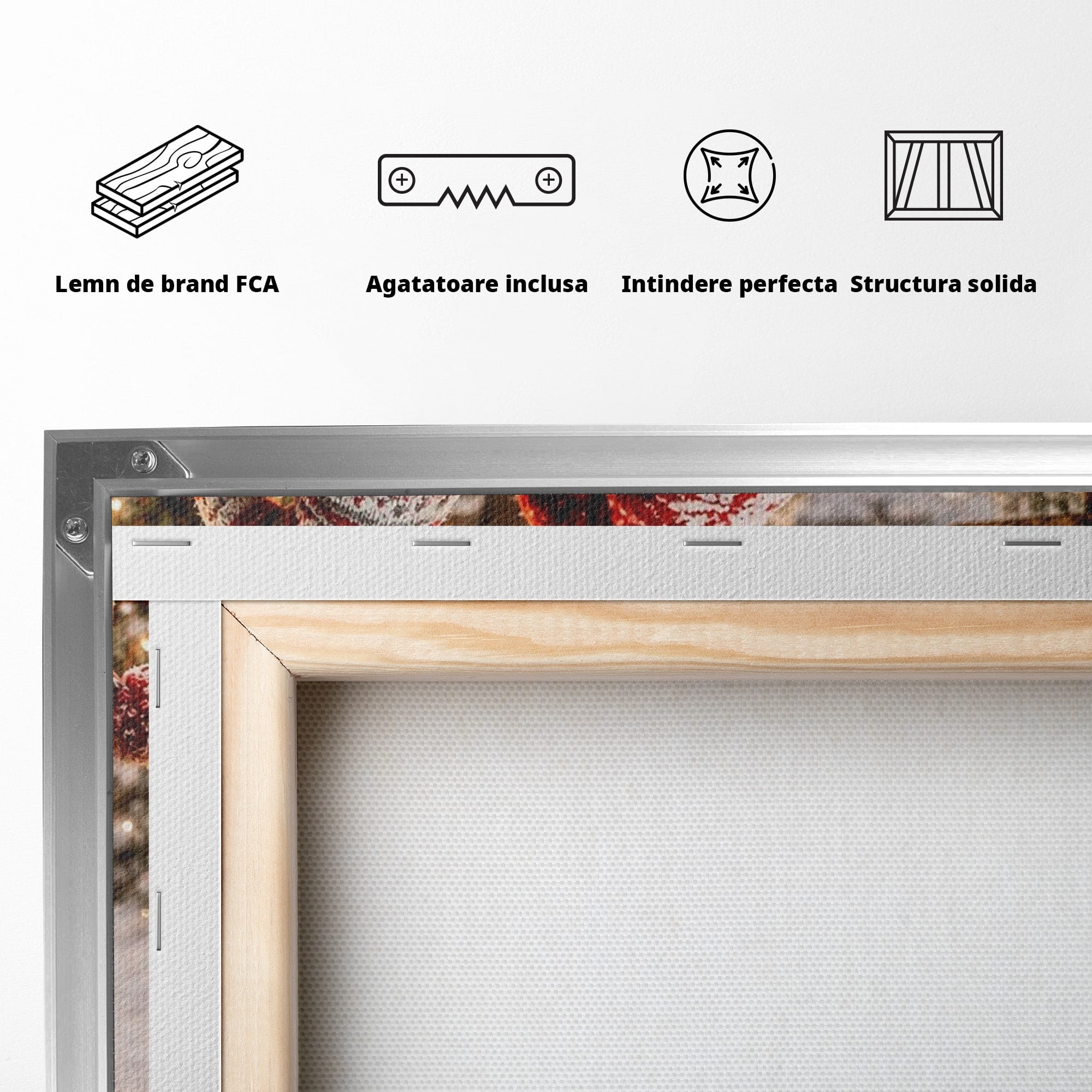 Tablou Canvas Premium LuxCanva® PI1262, Gnomi De Craciun Pe Sanie, Luminite, Feerie, Iarna, Cabana, Living, Culori Vibrante