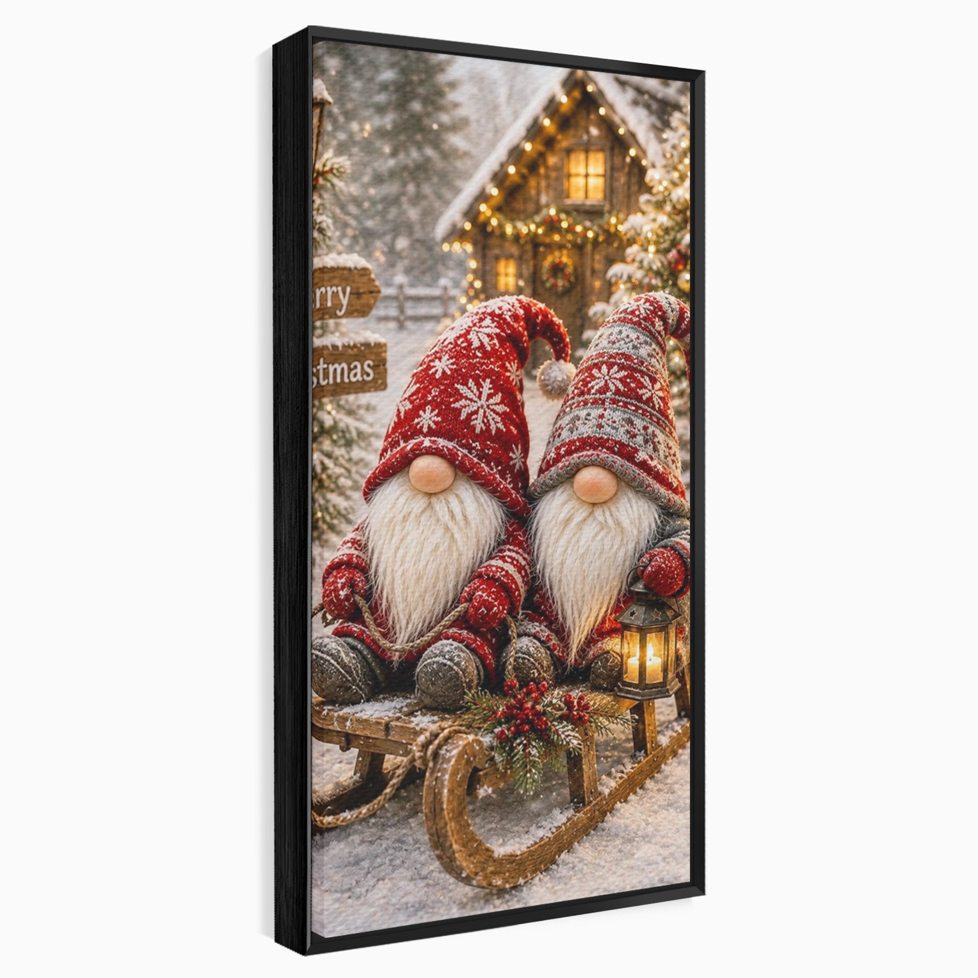 Tablou Canvas Premium LuxCanva® PI1262, Gnomi De Craciun Pe Sanie, Luminite, Feerie, Iarna, Cabana, Living, Culori Vibrante