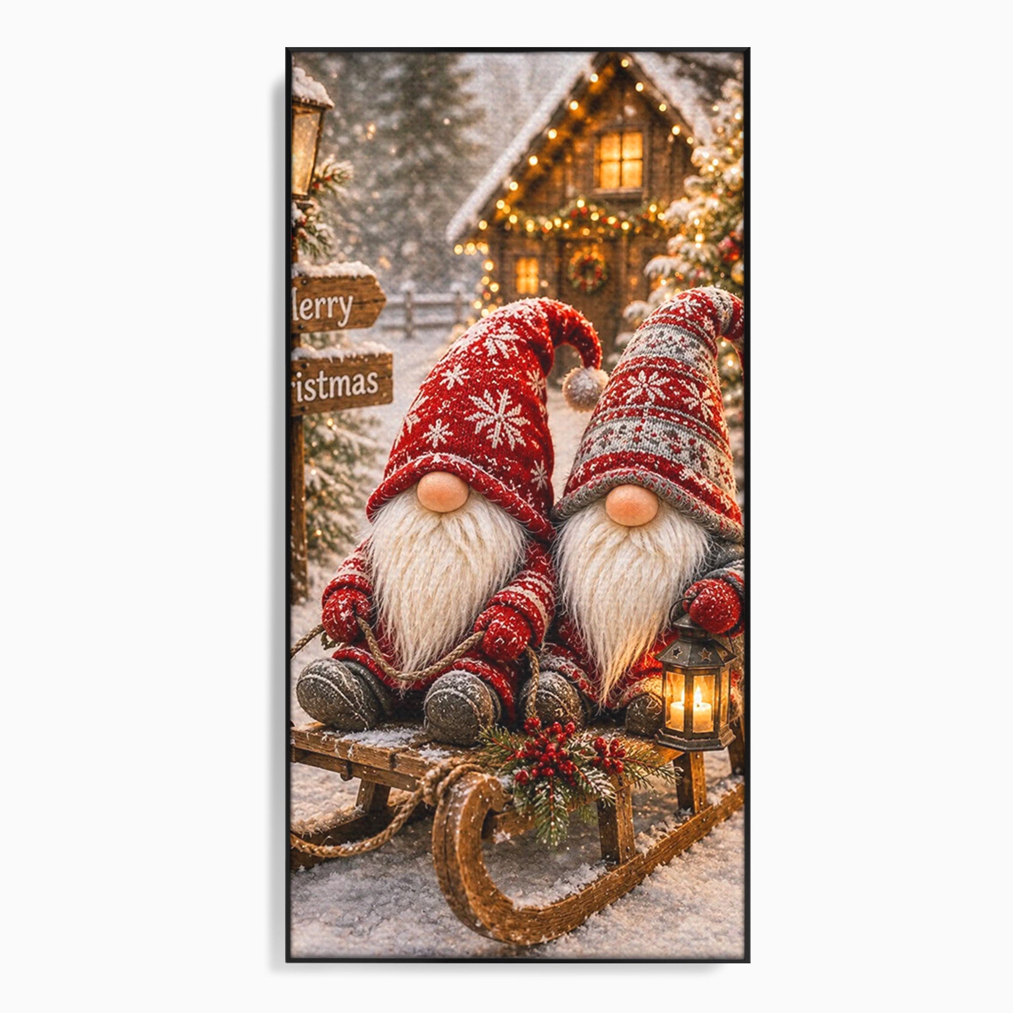 Tablou Canvas Premium LuxCanva® PI1262, Gnomi De Craciun Pe Sanie, Luminite, Feerie, Iarna, Cabana, Living, Culori Vibrante