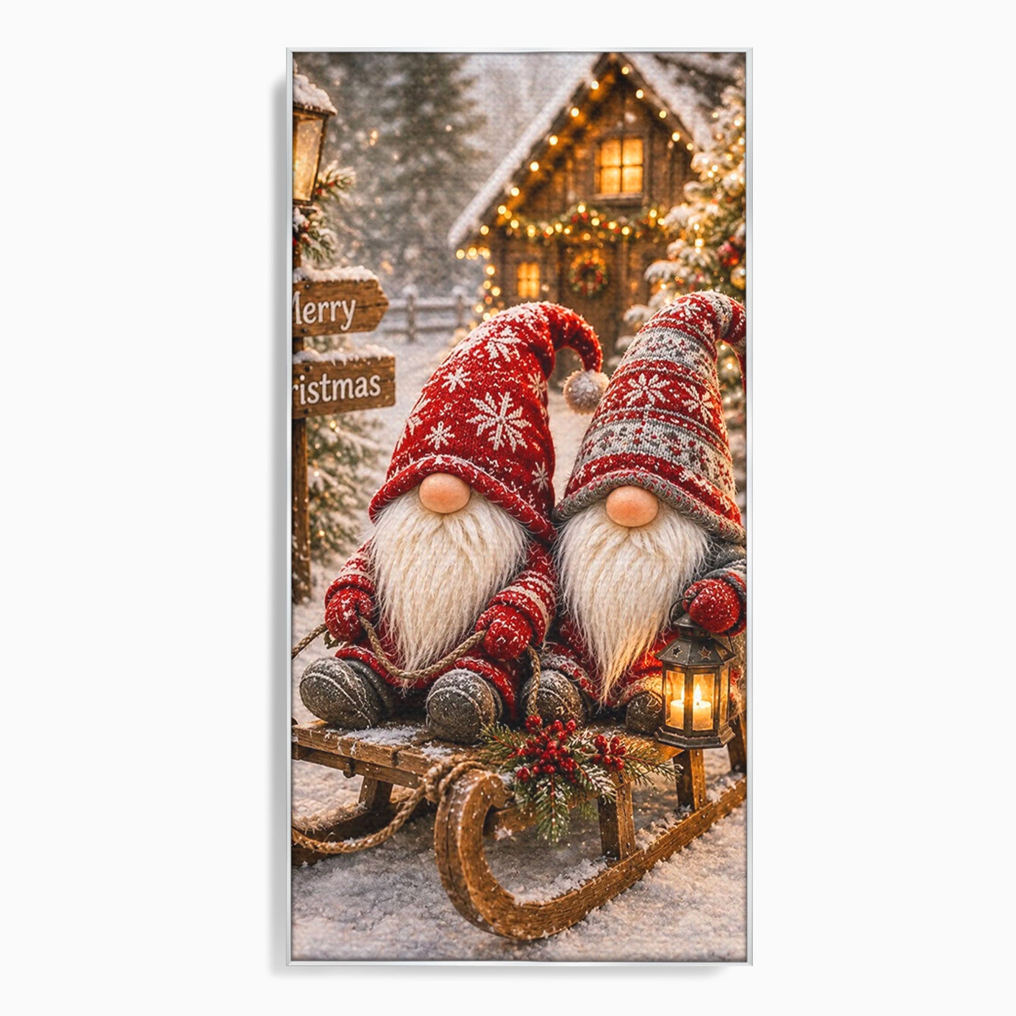 Tablou Canvas Premium LuxCanva® PI1262, Gnomi De Craciun Pe Sanie, Luminite, Feerie, Iarna, Cabana, Living, Culori Vibrante