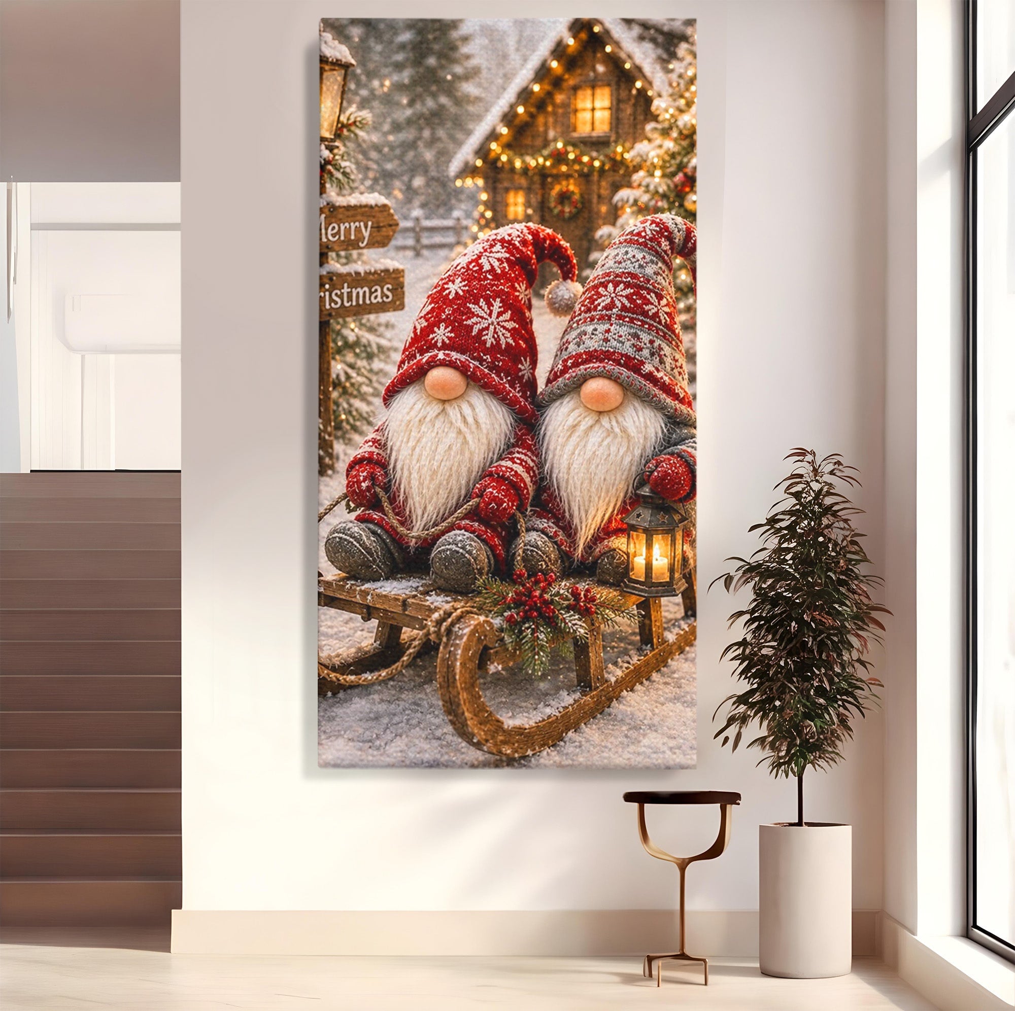 Tablou Canvas Premium LuxCanva® PI1262, Gnomi De Craciun Pe Sanie, Luminite, Feerie, Iarna, Cabana, Living, Culori Vibrante
