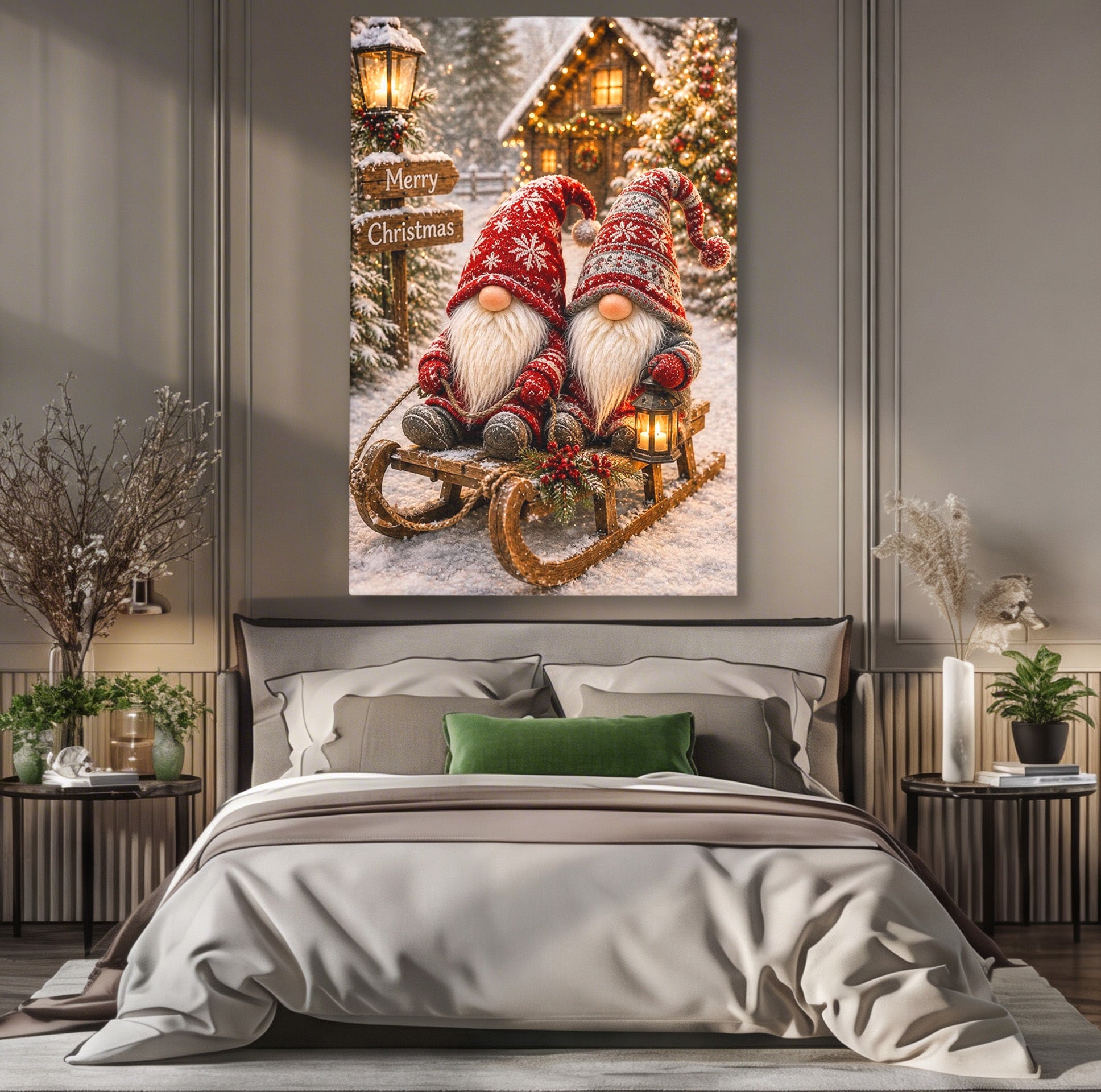 Tablou Canvas Premium LuxCanva® PI1262, Gnomi De Craciun Pe Sanie, Luminite, Feerie, Iarna, Cabana, Living, Culori Vibrante