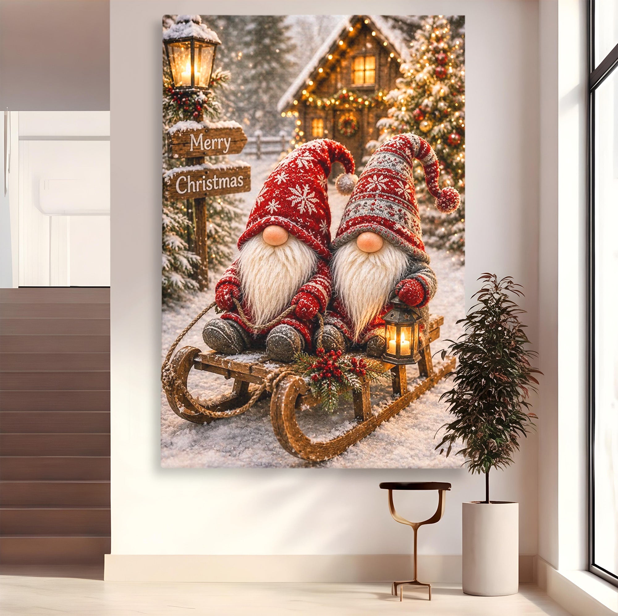 Tablou Canvas Premium LuxCanva® PI1262, Gnomi De Craciun Pe Sanie, Luminite, Feerie, Iarna, Cabana, Living, Culori Vibrante