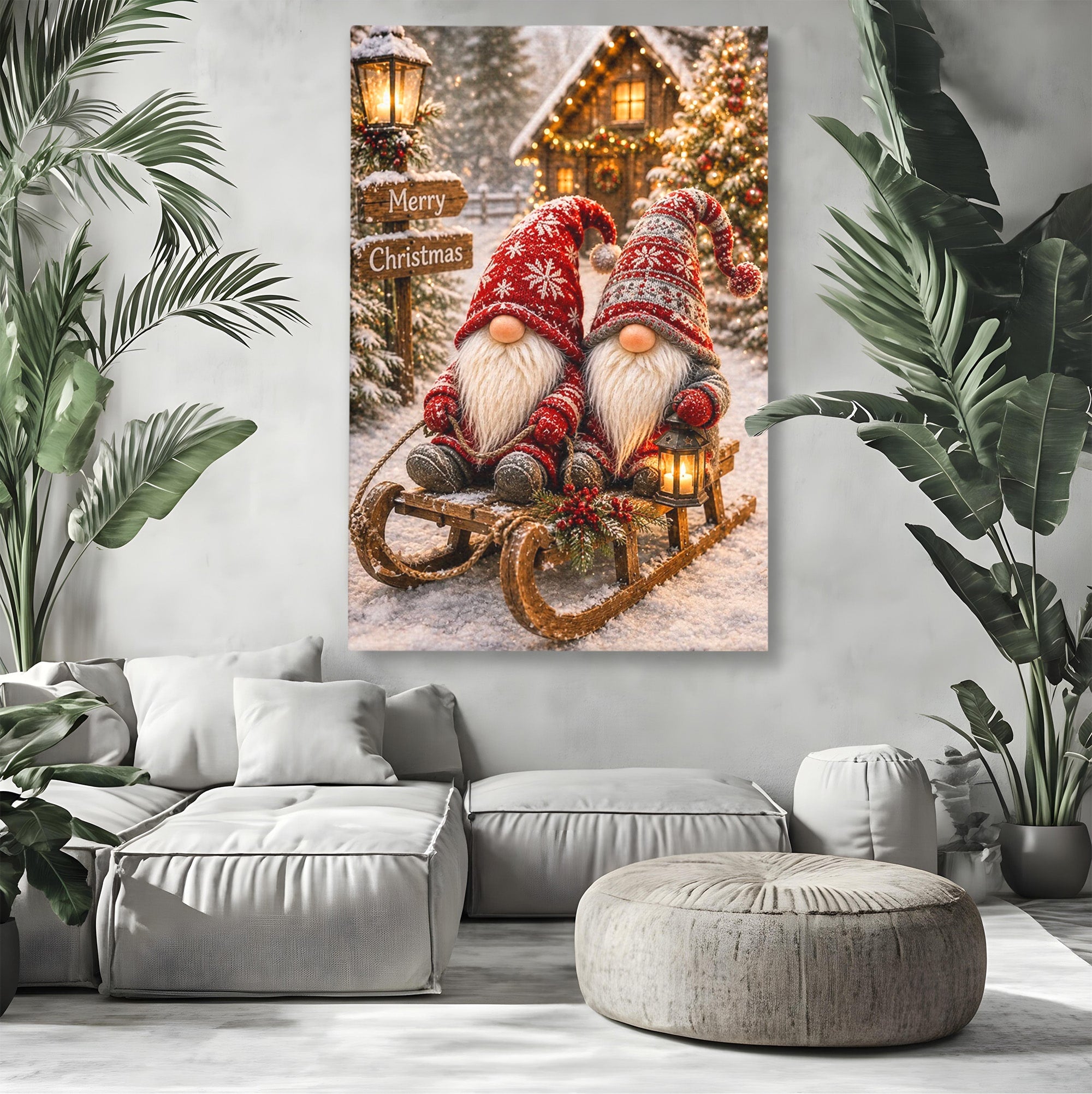 Tablou Canvas Premium LuxCanva® PI1262, Gnomi De Craciun Pe Sanie, Luminite, Feerie, Iarna, Cabana, Living, Culori Vibrante