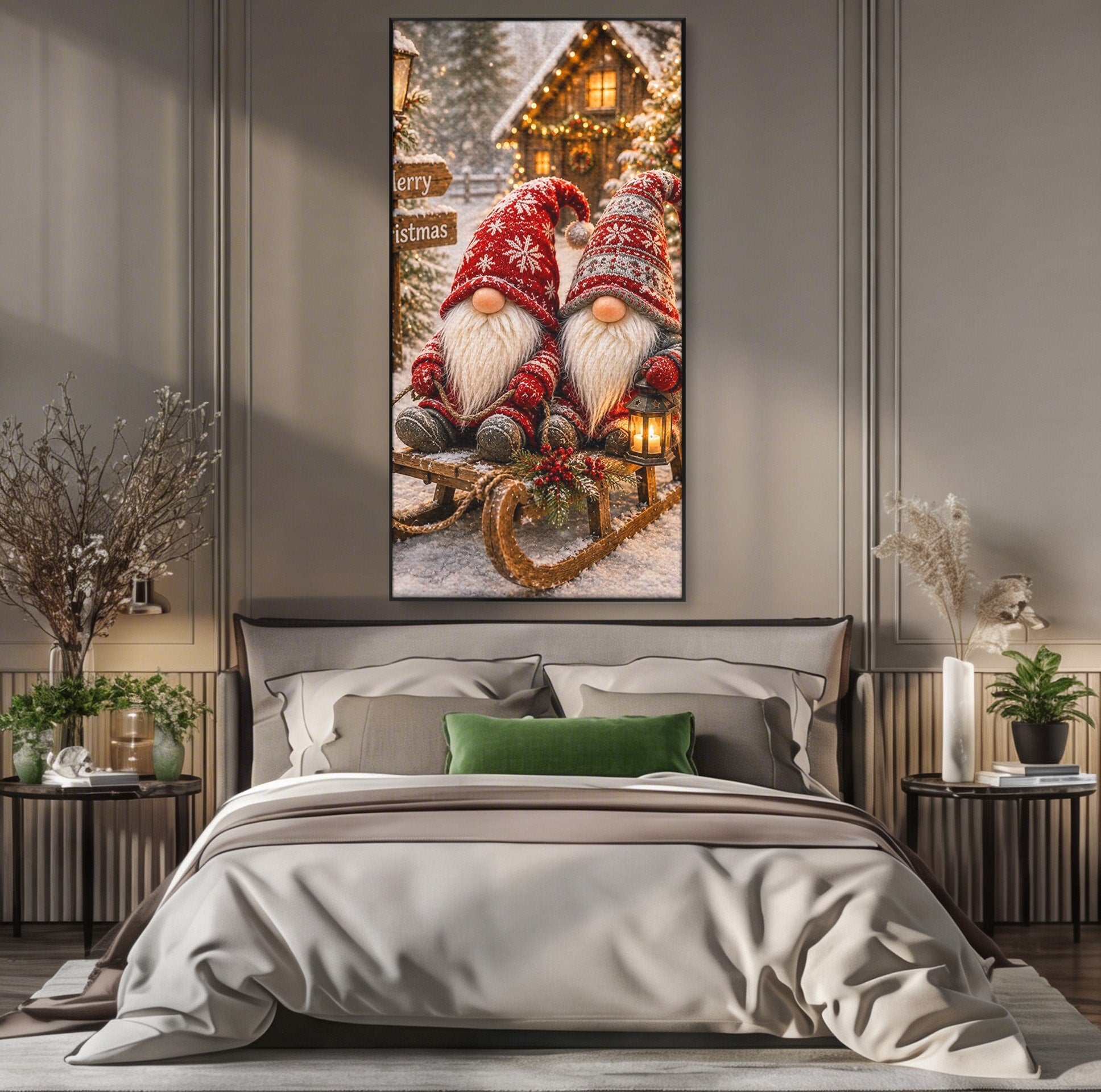 Tablou Canvas Premium LuxCanva® PI1262, Gnomi De Craciun Pe Sanie, Luminite, Feerie, Iarna, Cabana, Living, Culori Vibrante