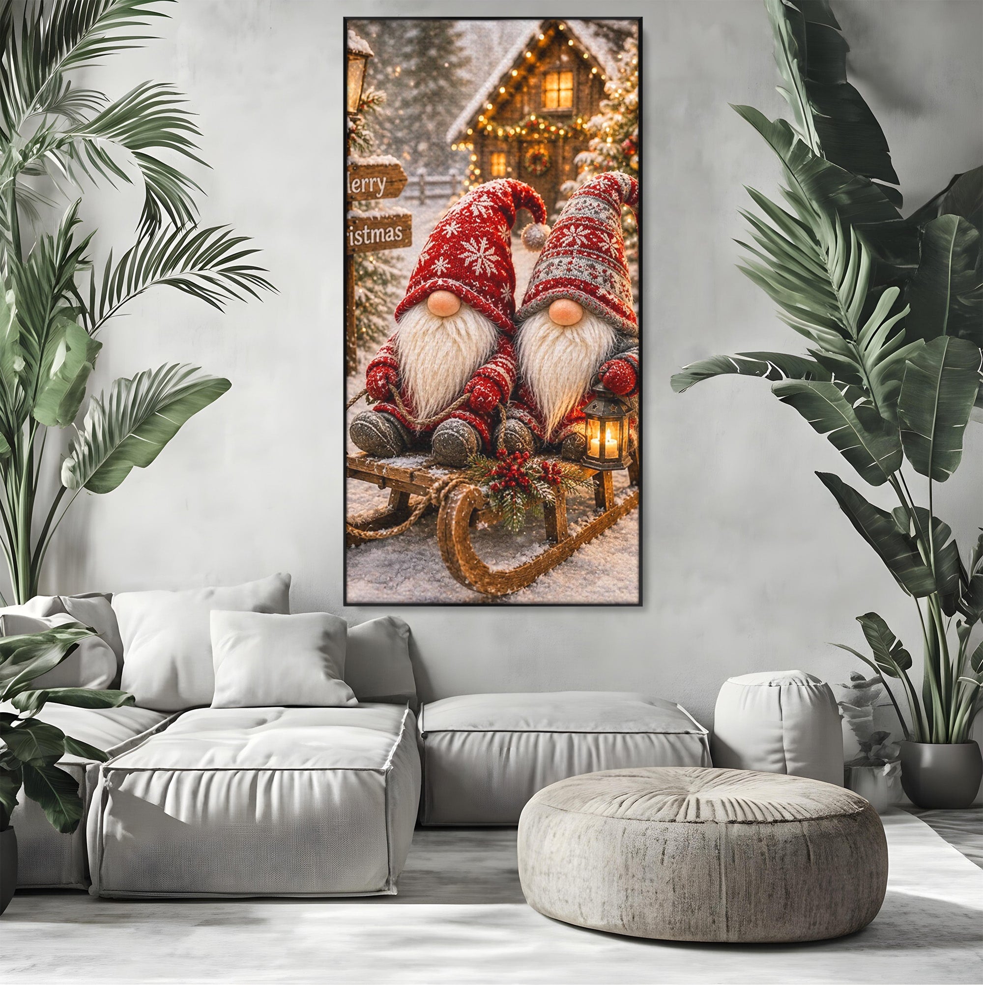 Tablou Canvas Premium LuxCanva® PI1262, Gnomi De Craciun Pe Sanie, Luminite, Feerie, Iarna, Cabana, Living, Culori Vibrante