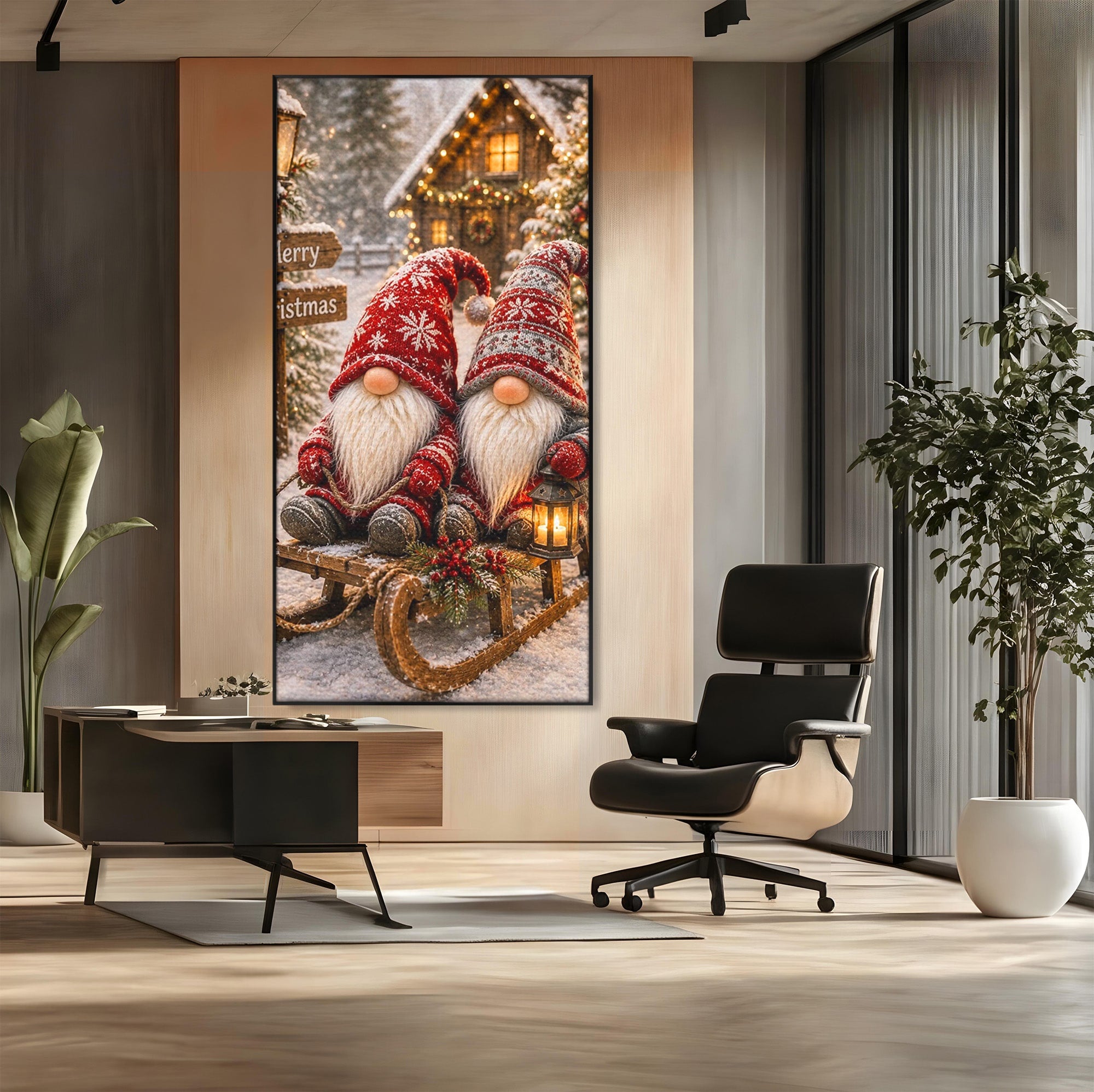 Tablou Canvas Premium LuxCanva® PI1262, Gnomi De Craciun Pe Sanie, Luminite, Feerie, Iarna, Cabana, Living, Culori Vibrante