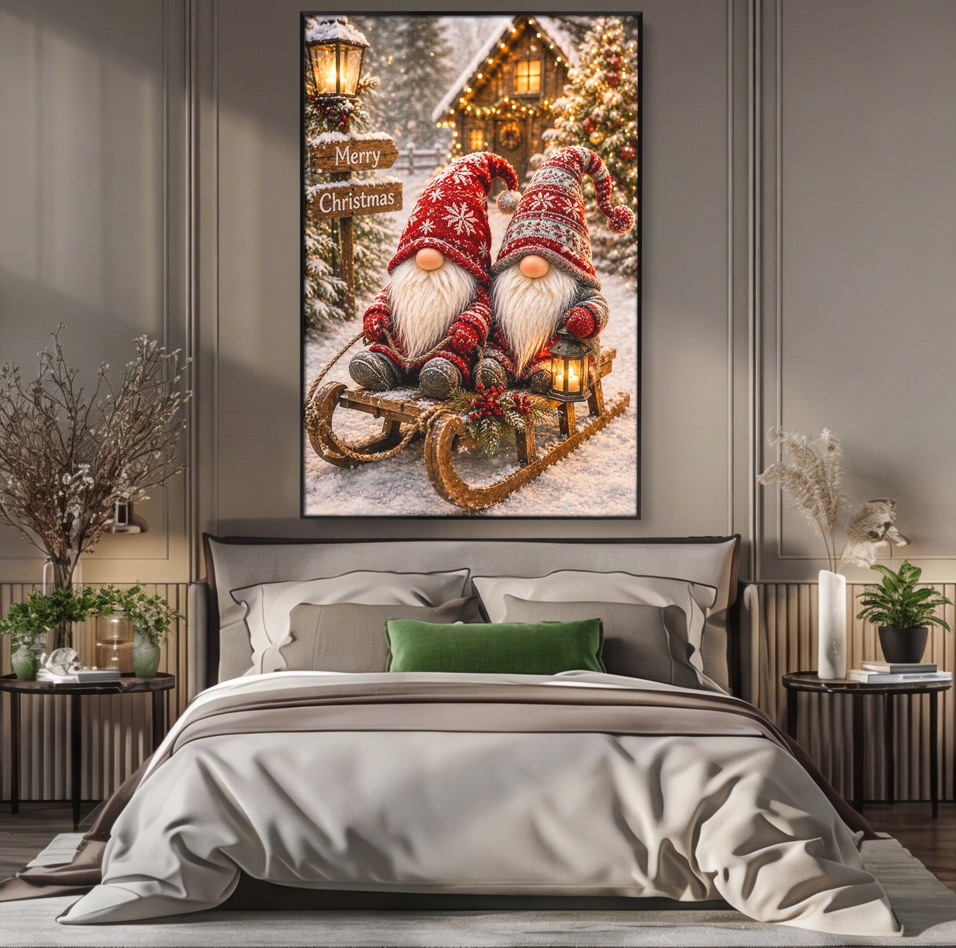Tablou Canvas Premium LuxCanva® PI1262, Gnomi De Craciun Pe Sanie, Luminite, Feerie, Iarna, Cabana, Living, Culori Vibrante