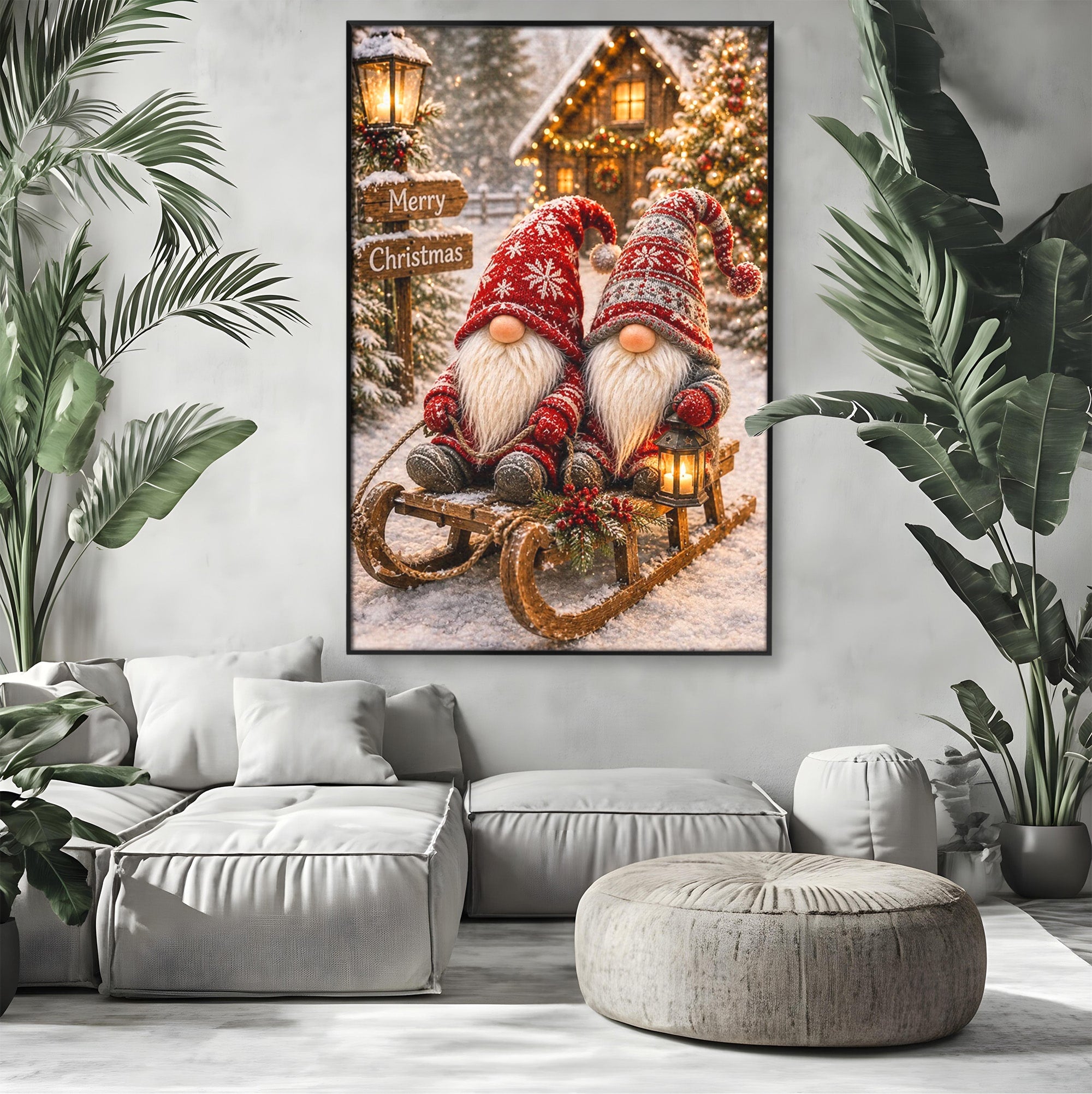 Tablou Canvas Premium LuxCanva® PI1262, Gnomi De Craciun Pe Sanie, Luminite, Feerie, Iarna, Cabana, Living, Culori Vibrante