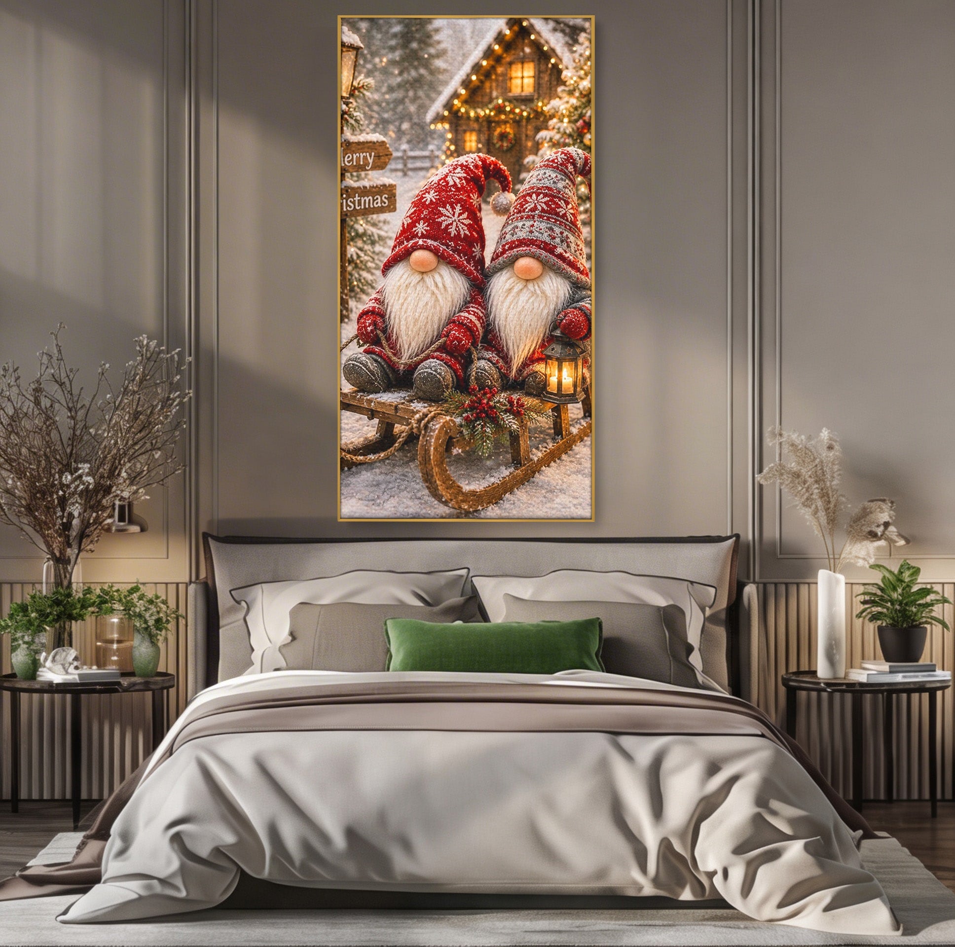 Tablou Canvas Premium LuxCanva® PI1262, Gnomi De Craciun Pe Sanie, Luminite, Feerie, Iarna, Cabana, Living, Culori Vibrante