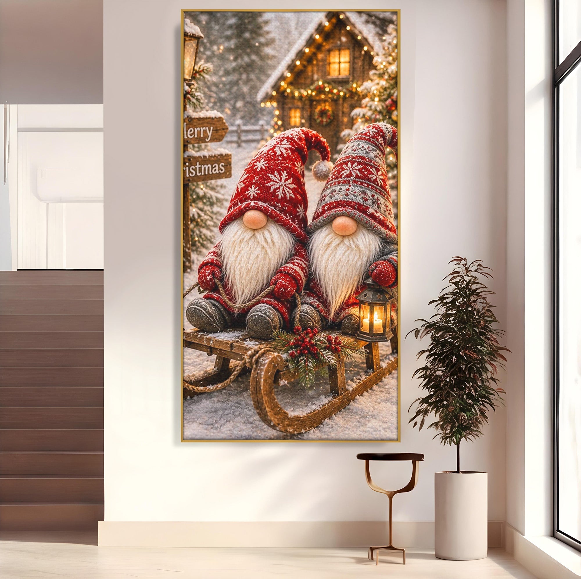 Tablou Canvas Premium LuxCanva® PI1262, Gnomi De Craciun Pe Sanie, Luminite, Feerie, Iarna, Cabana, Living, Culori Vibrante