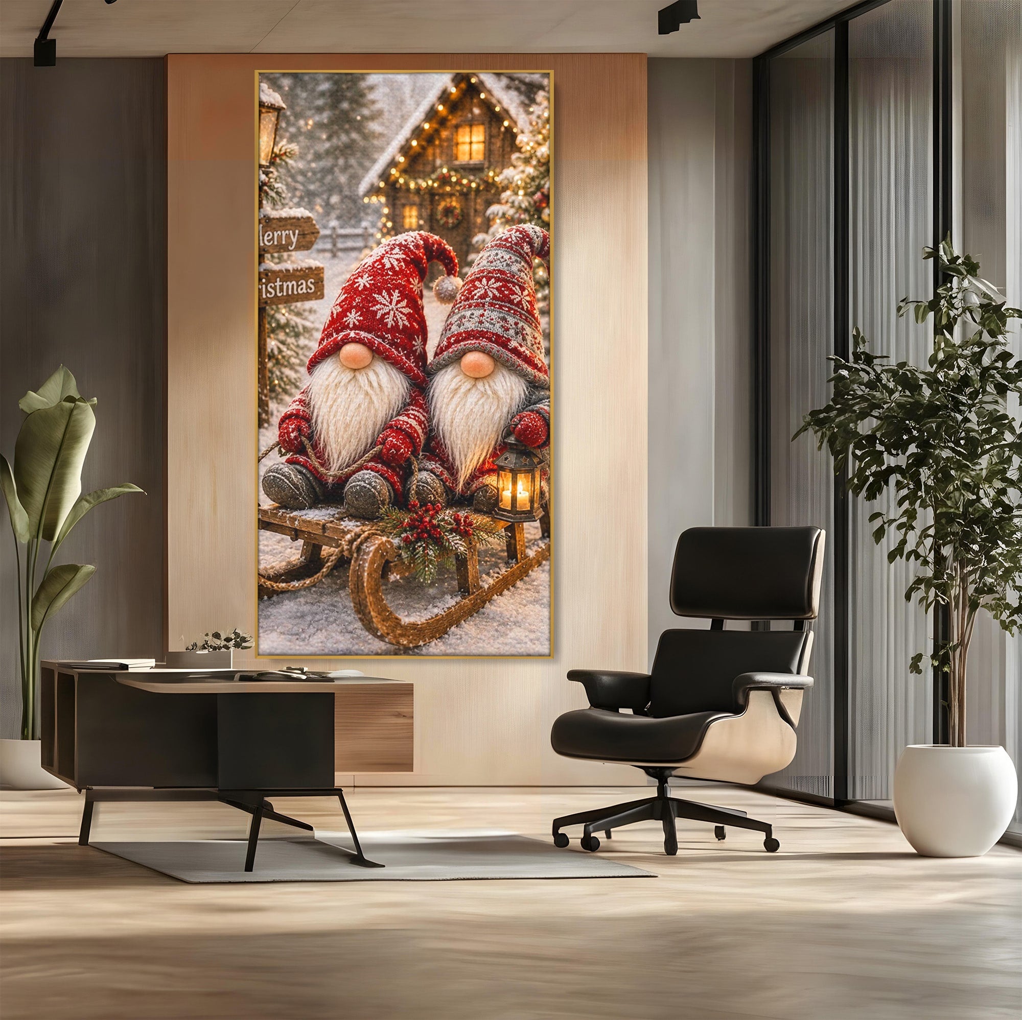 Tablou Canvas Premium LuxCanva® PI1262, Gnomi De Craciun Pe Sanie, Luminite, Feerie, Iarna, Cabana, Living, Culori Vibrante