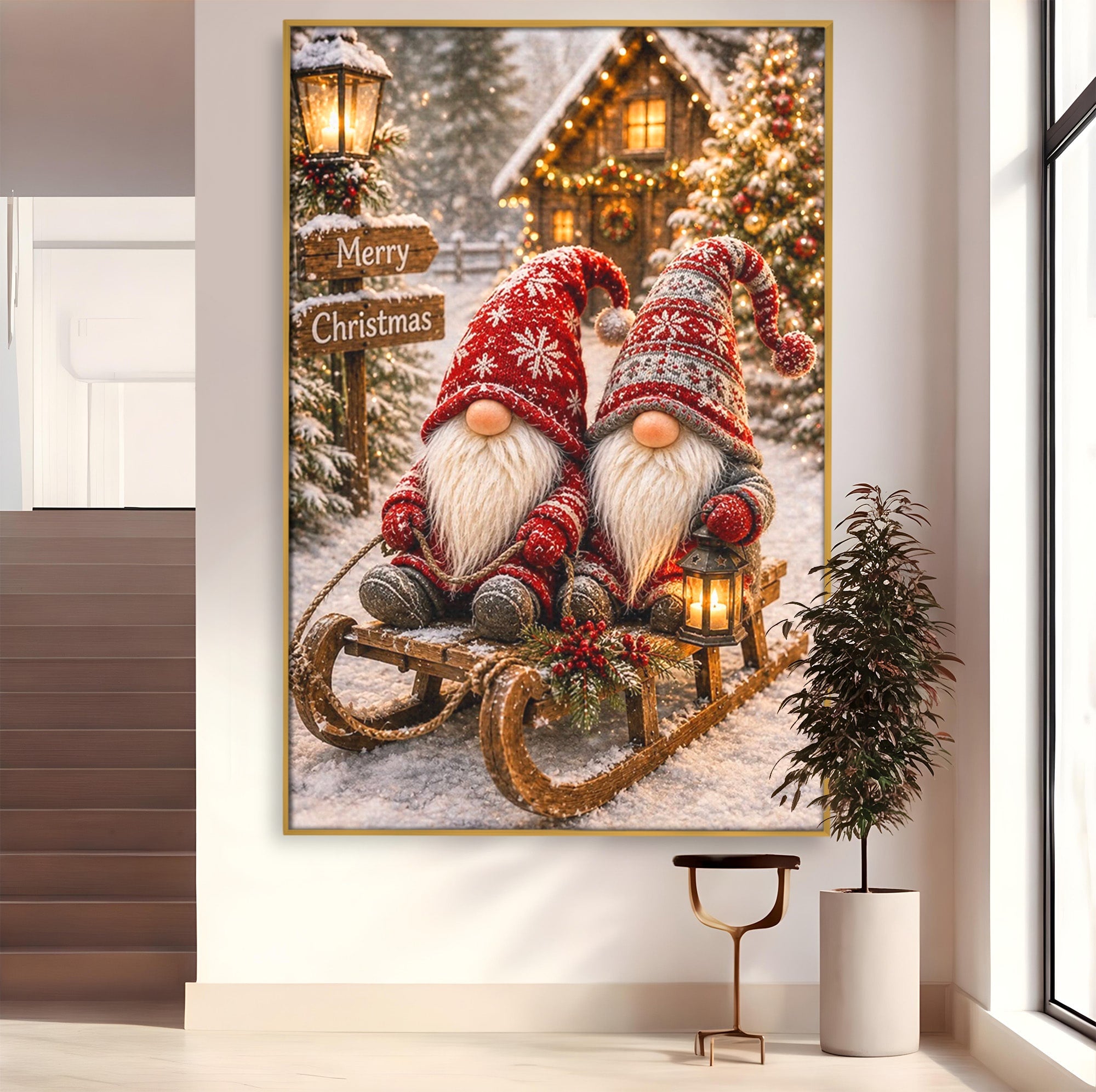 Tablou Canvas Premium LuxCanva® PI1262, Gnomi De Craciun Pe Sanie, Luminite, Feerie, Iarna, Cabana, Living, Culori Vibrante