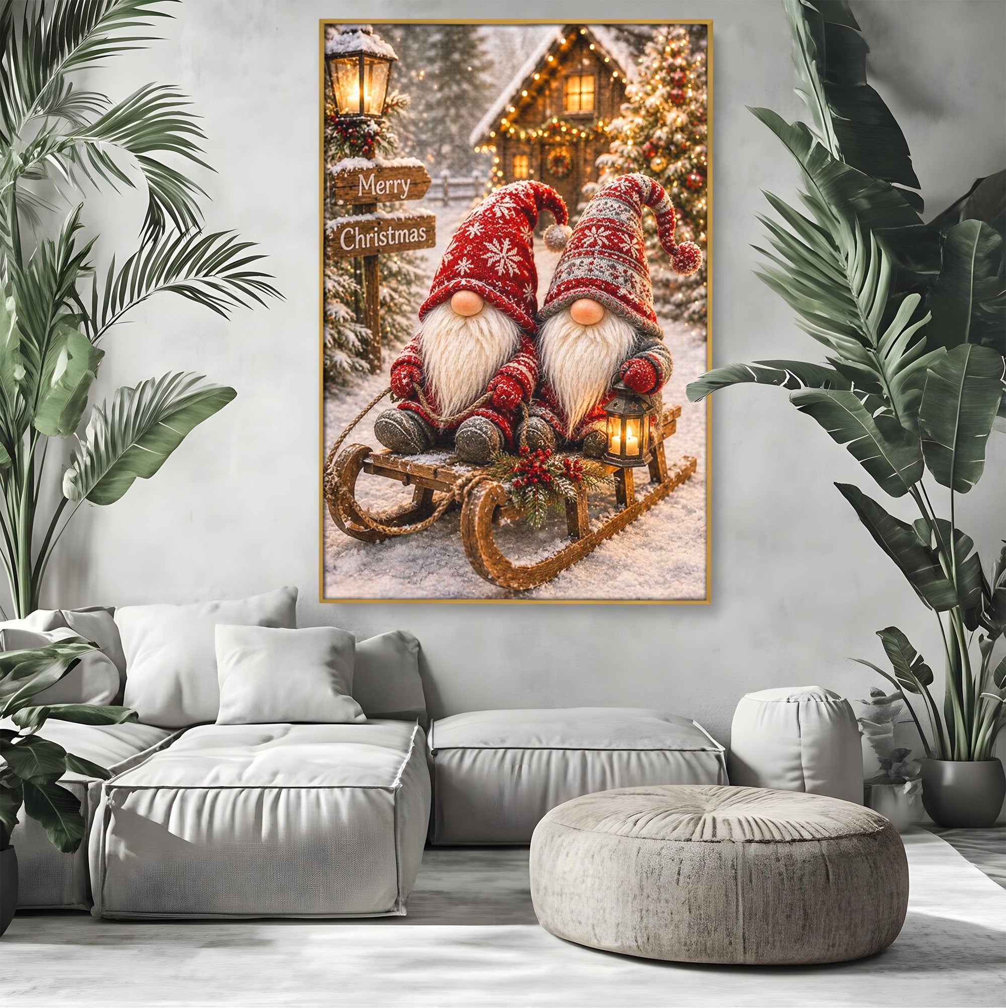 Tablou Canvas Premium LuxCanva® PI1262, Gnomi De Craciun Pe Sanie, Luminite, Feerie, Iarna, Cabana, Living, Culori Vibrante