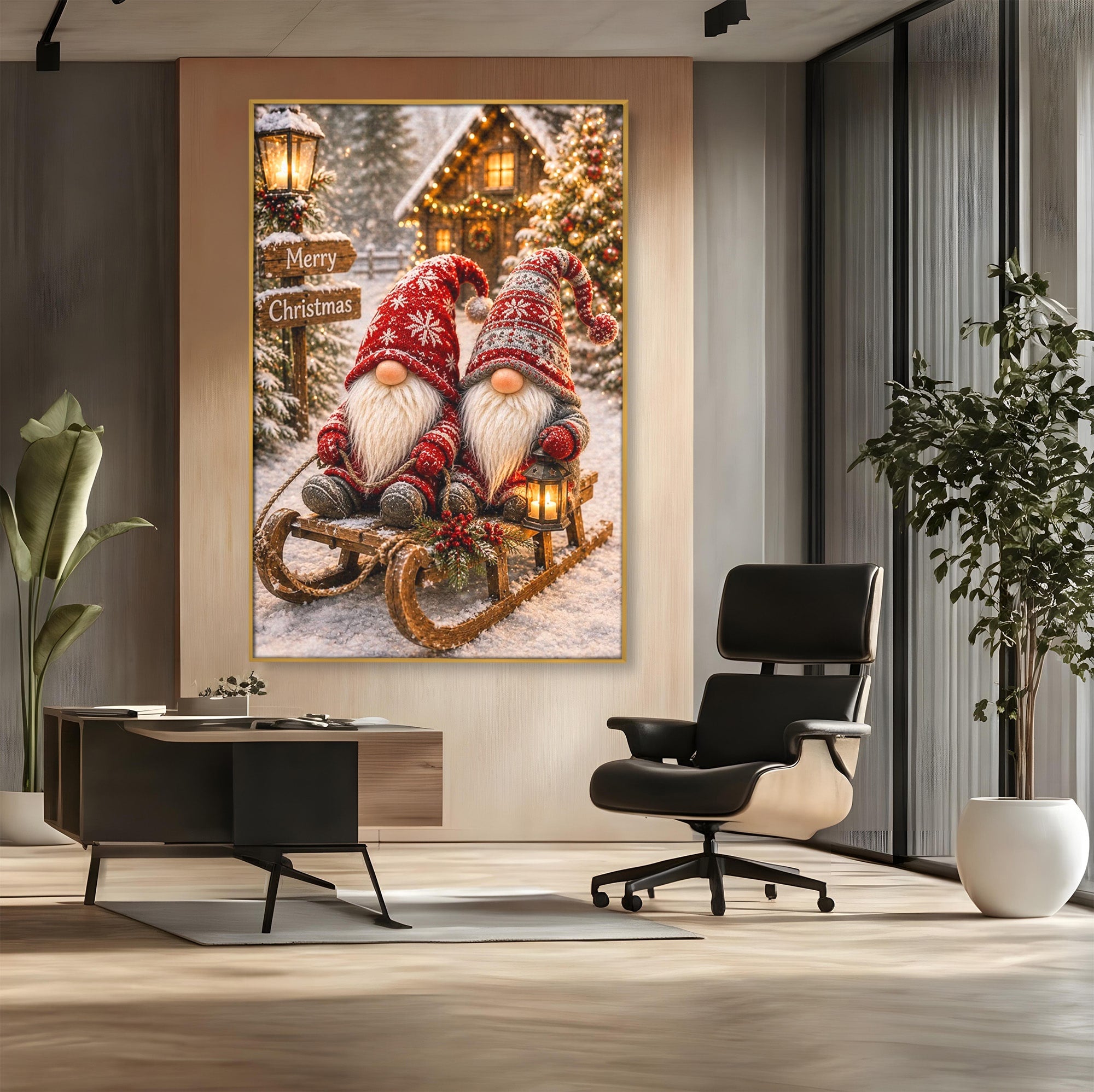 Tablou Canvas Premium LuxCanva® PI1262, Gnomi De Craciun Pe Sanie, Luminite, Feerie, Iarna, Cabana, Living, Culori Vibrante