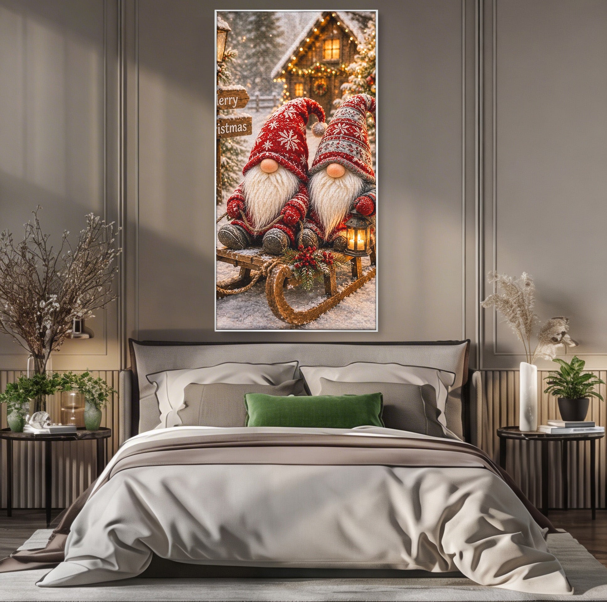 Tablou Canvas Premium LuxCanva® PI1262, Gnomi De Craciun Pe Sanie, Luminite, Feerie, Iarna, Cabana, Living, Culori Vibrante