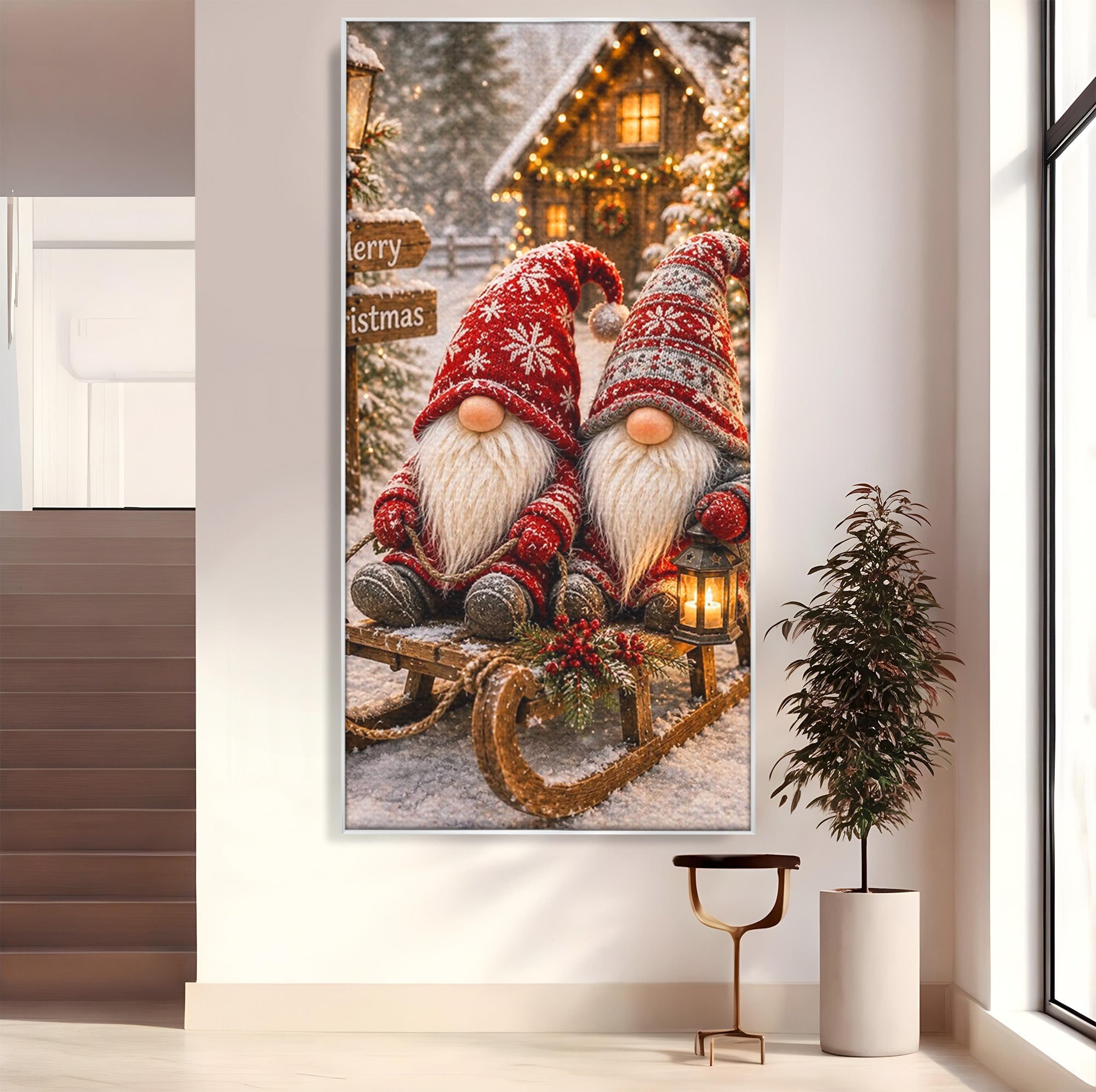 Tablou Canvas Premium LuxCanva® PI1262, Gnomi De Craciun Pe Sanie, Luminite, Feerie, Iarna, Cabana, Living, Culori Vibrante