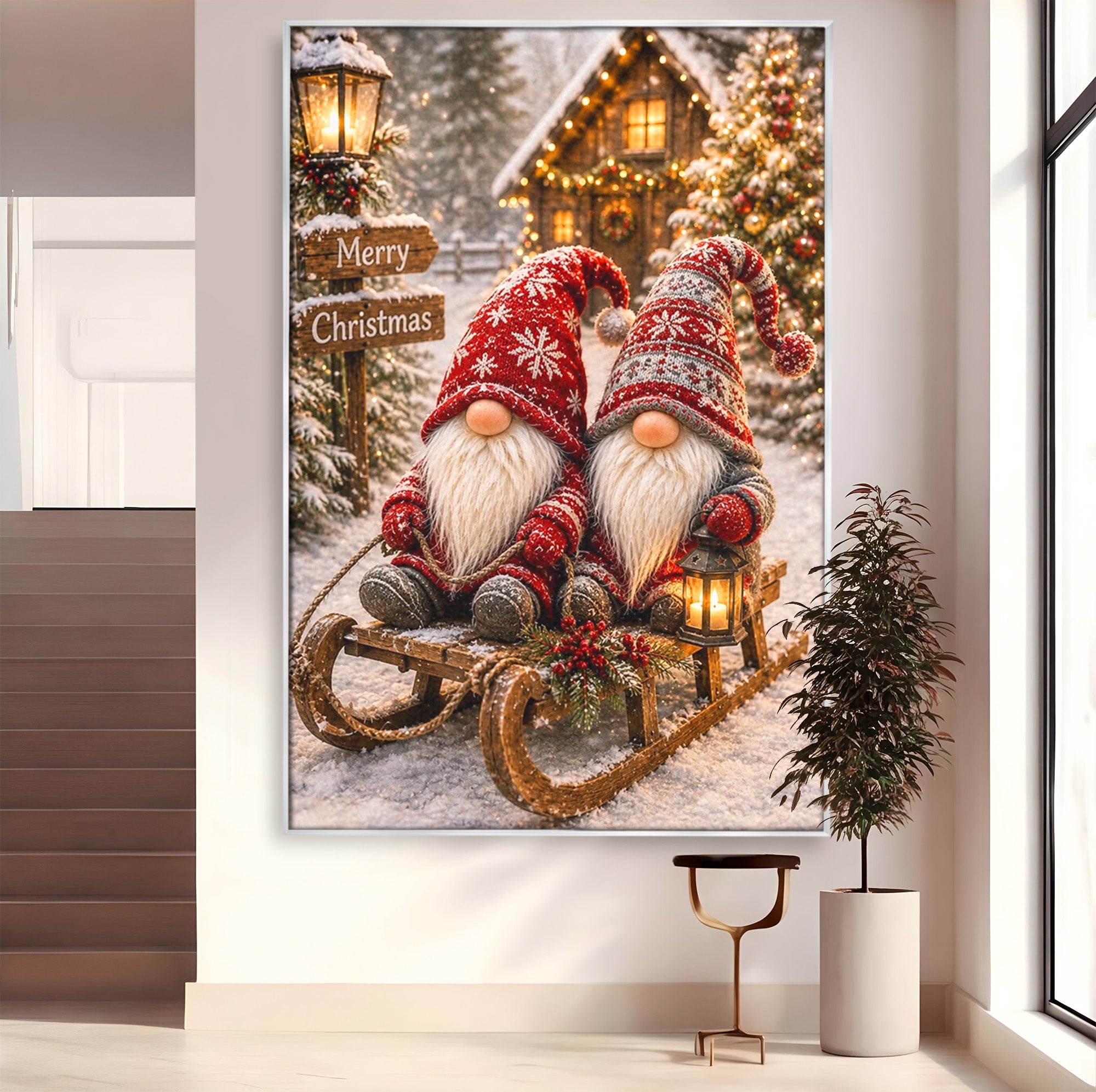 Tablou Canvas Premium LuxCanva® PI1262, Gnomi De Craciun Pe Sanie, Luminite, Feerie, Iarna, Cabana, Living, Culori Vibrante