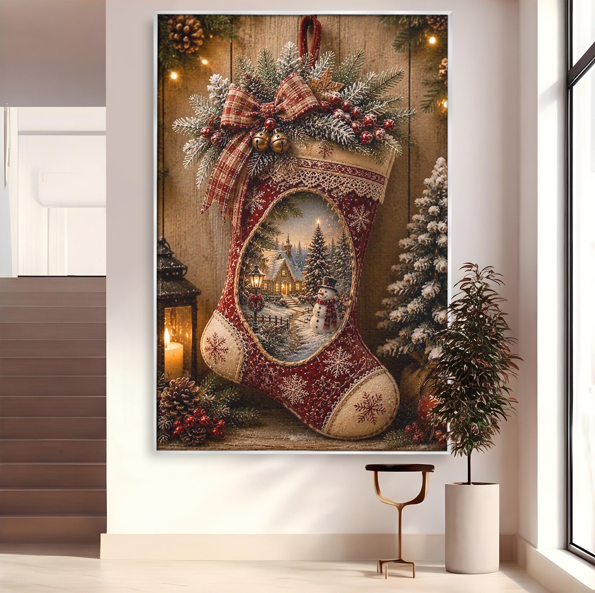 Tablou Canvas Premium LuxCanva® PI1263, Ciorap Festiv, Mos Nicolae, Craciun, Iarna, Decoratiuni, Living, Culori Vibrante