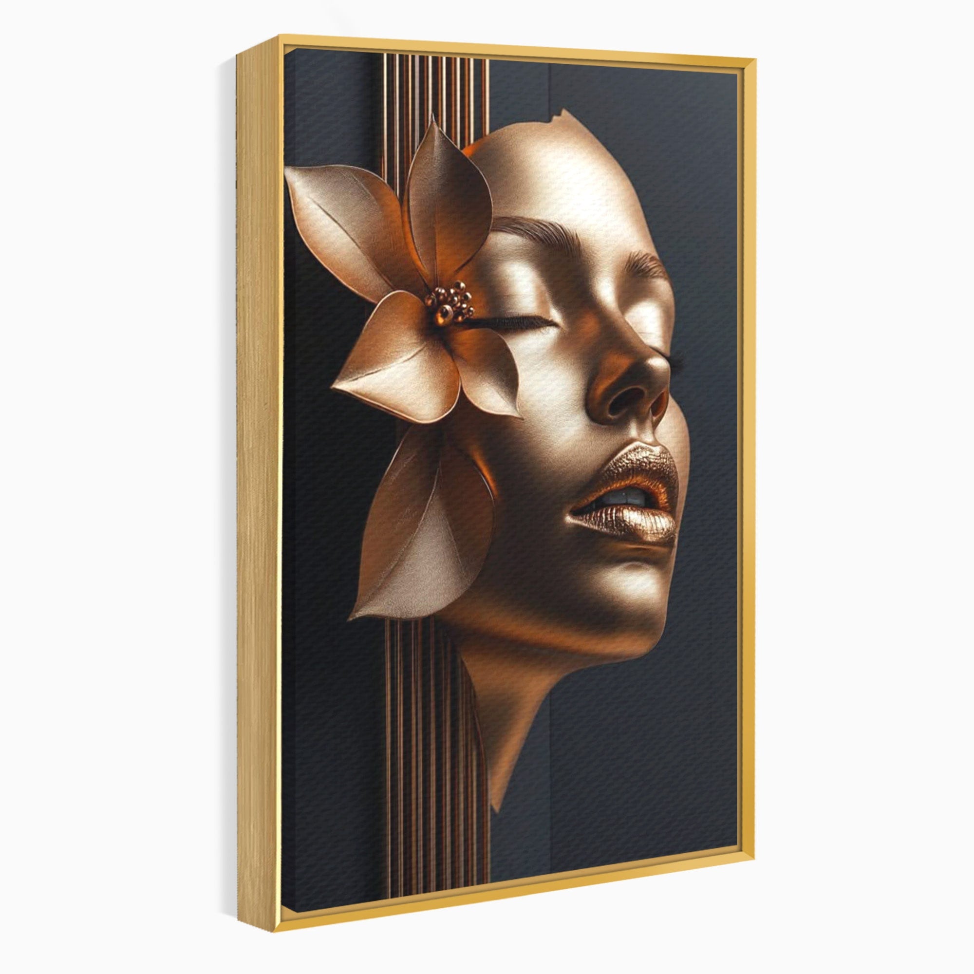 Tablou Canvas Premium LuxCanva® PI1266, Chip Auriu Cu Floare, Portret, Floral, Modern, Eleganta, Dormitor, Birou, Culori Vibrante