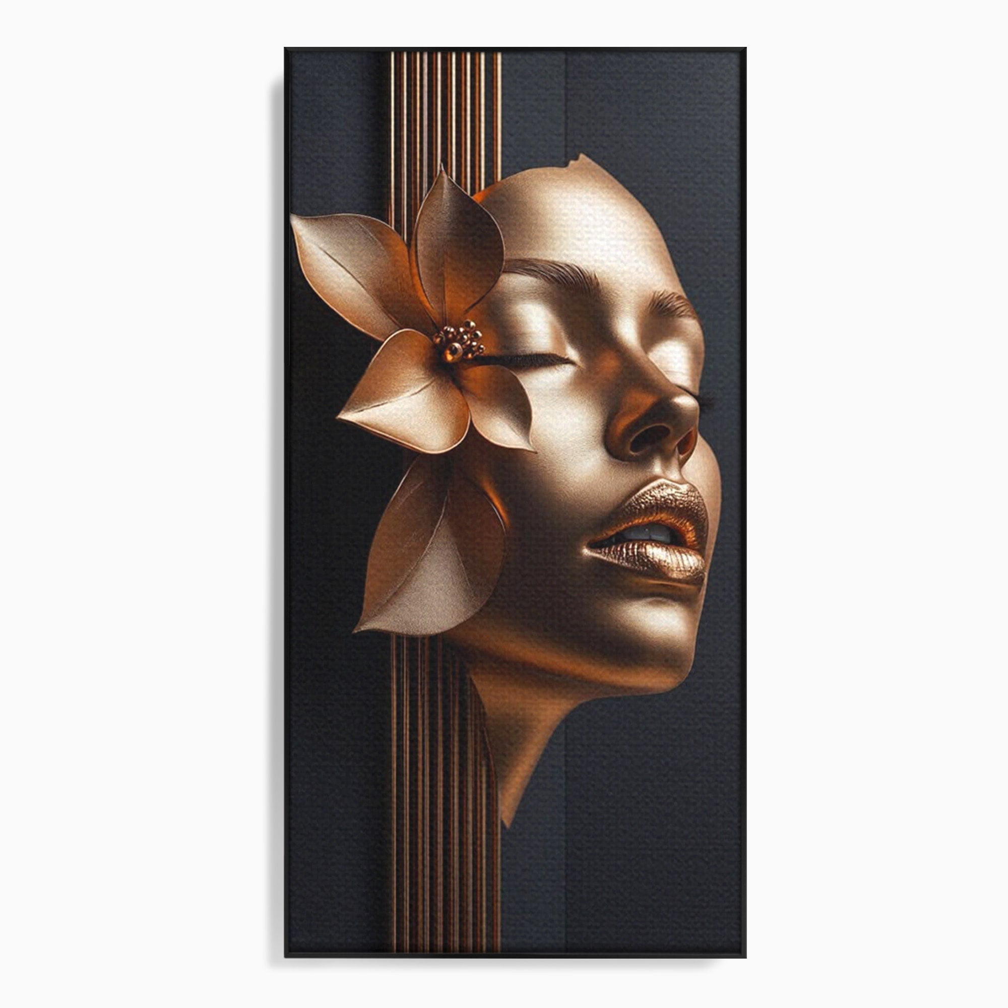 Tablou Canvas Premium LuxCanva® PI1266, Chip Auriu Cu Floare, Portret, Floral, Modern, Eleganta, Dormitor, Birou, Culori Vibrante