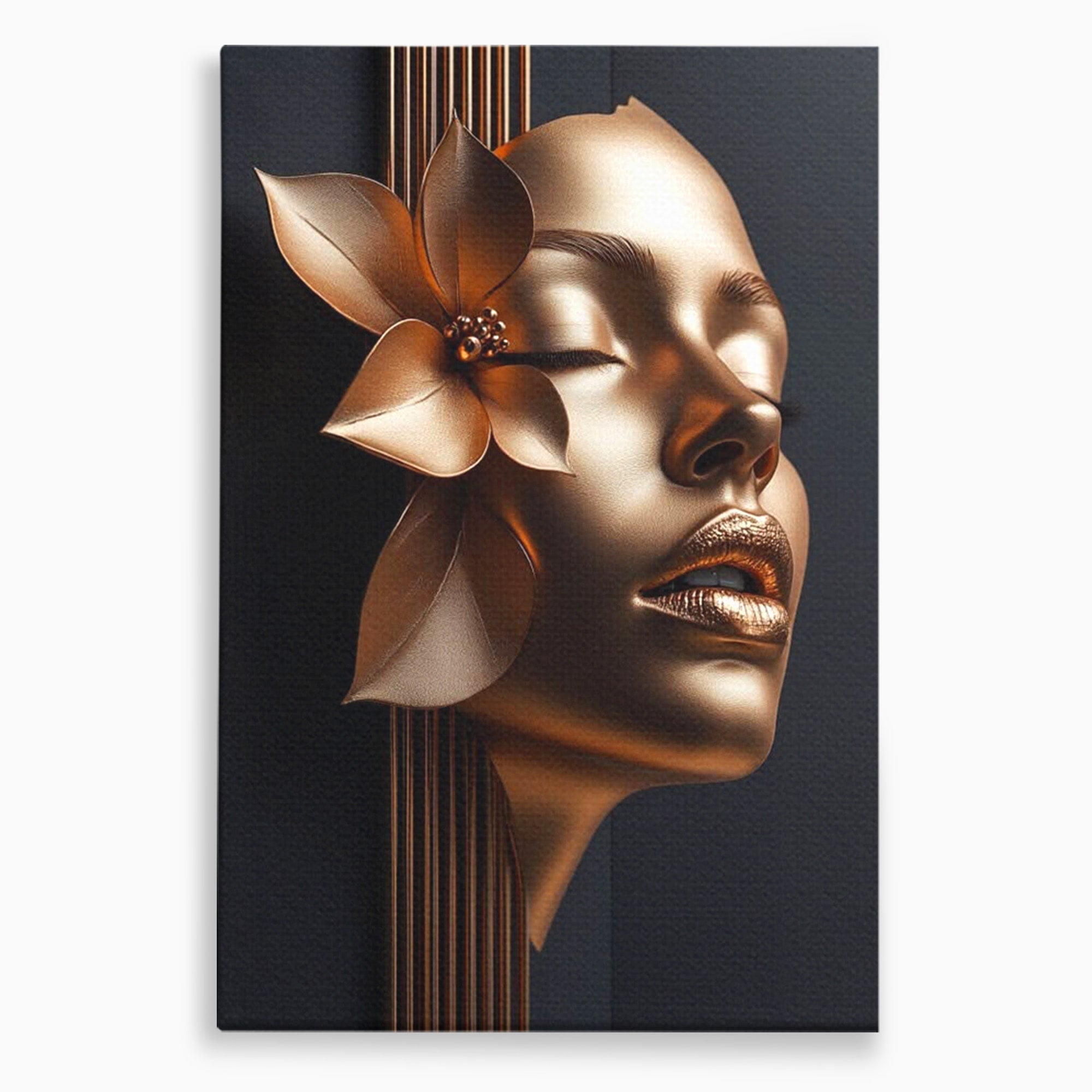 Tablou Canvas Premium LuxCanva® PI1266, Chip Auriu Cu Floare, Portret, Floral, Modern, Eleganta, Dormitor, Birou, Culori Vibrante