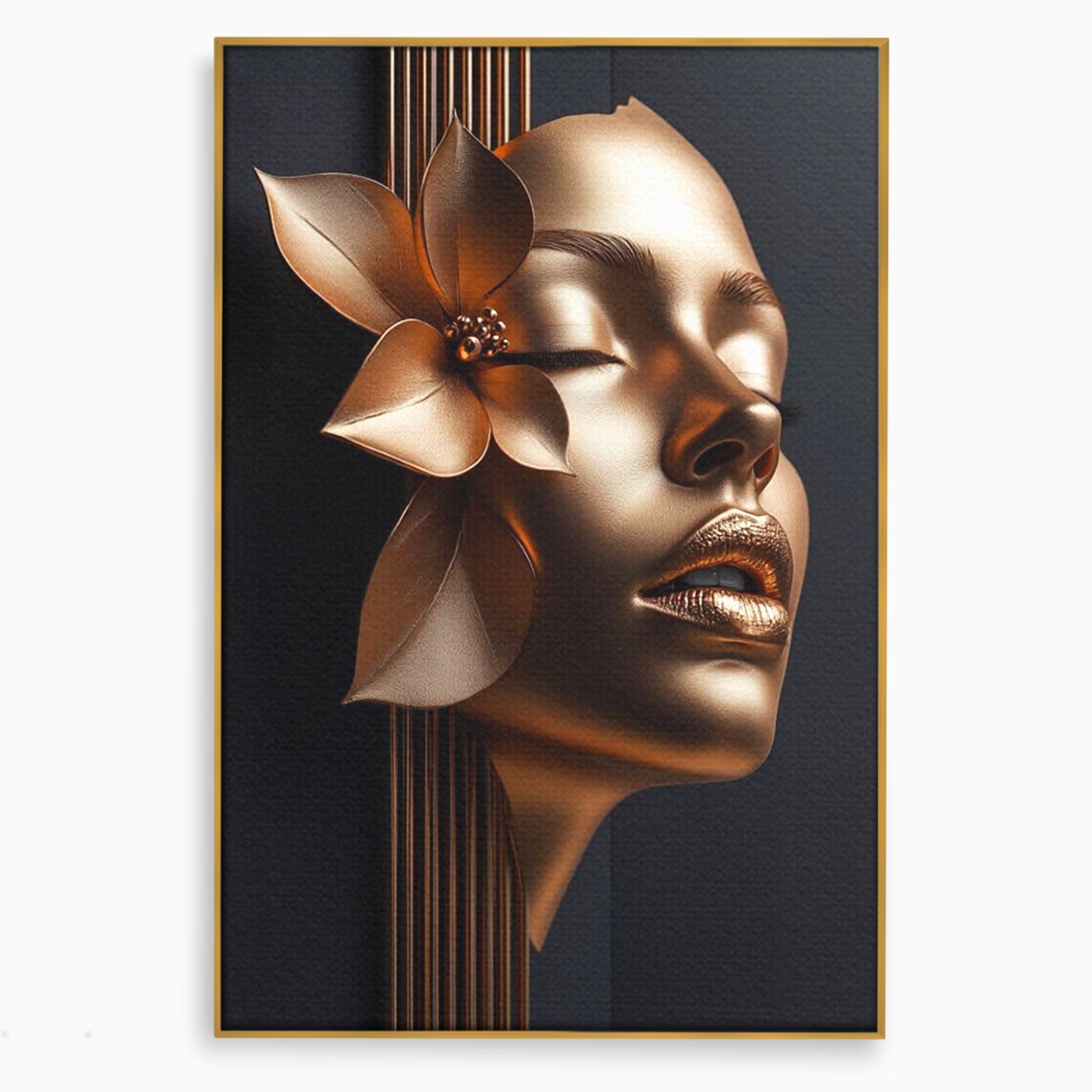 Tablou Canvas Premium LuxCanva® PI1266, Chip Auriu Cu Floare, Portret, Floral, Modern, Eleganta, Dormitor, Birou, Culori Vibrante