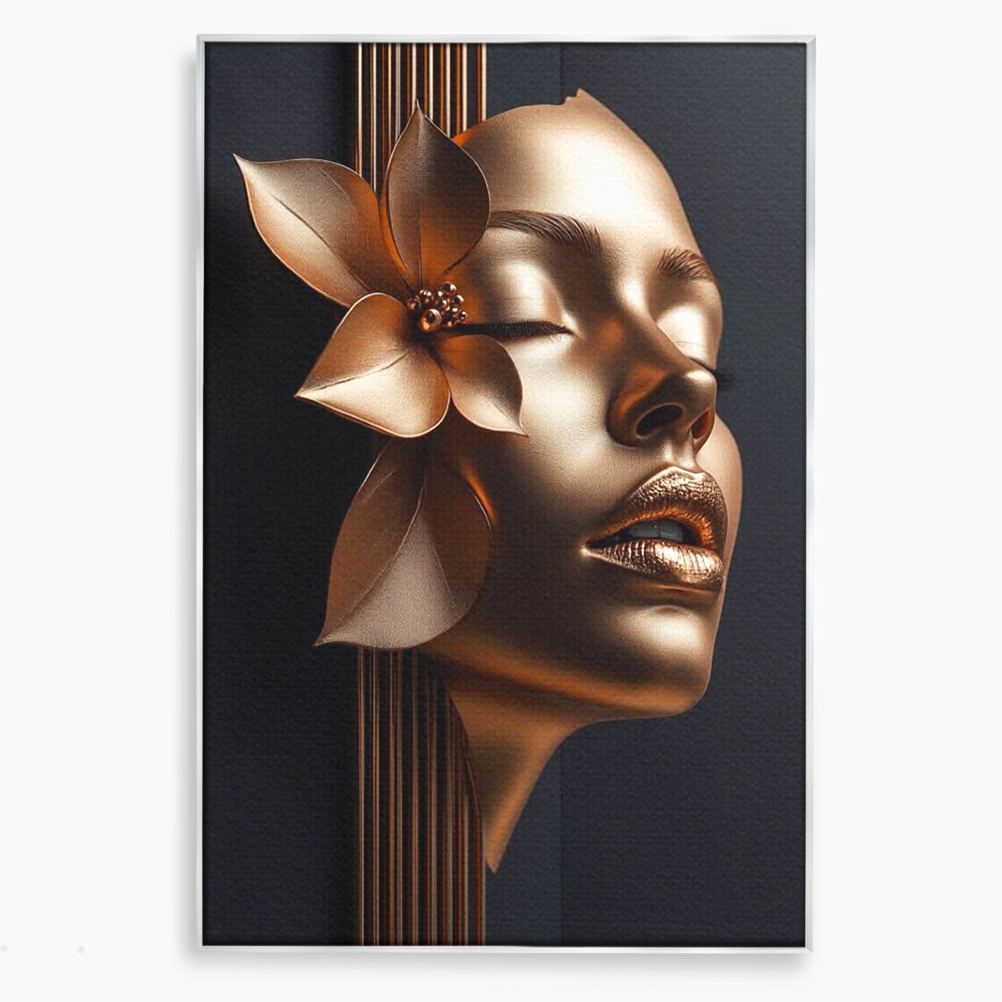 Tablou Canvas Premium LuxCanva® PI1266, Chip Auriu Cu Floare, Portret, Floral, Modern, Eleganta, Dormitor, Birou, Culori Vibrante