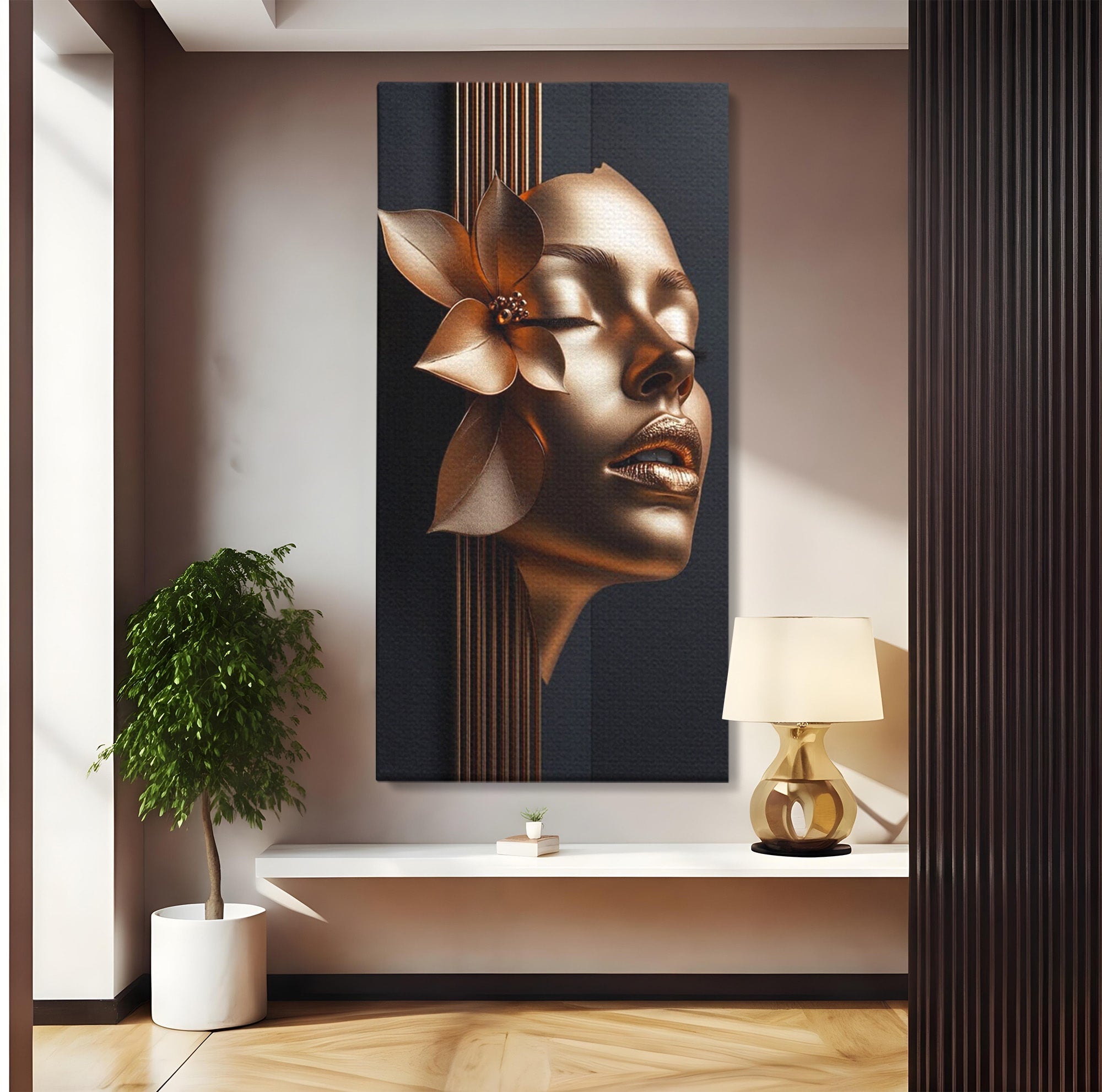 Tablou Canvas Premium LuxCanva® PI1266, Chip Auriu Cu Floare, Portret, Floral, Modern, Eleganta, Dormitor, Birou, Culori Vibrante