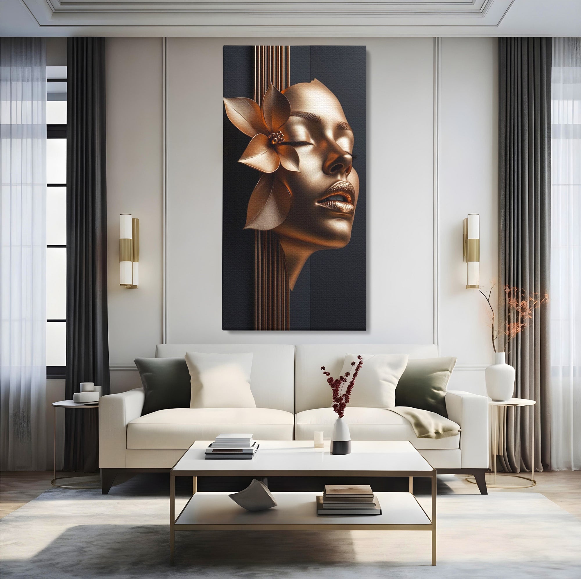 Tablou Canvas Premium LuxCanva® PI1266, Chip Auriu Cu Floare, Portret, Floral, Modern, Eleganta, Dormitor, Birou, Culori Vibrante