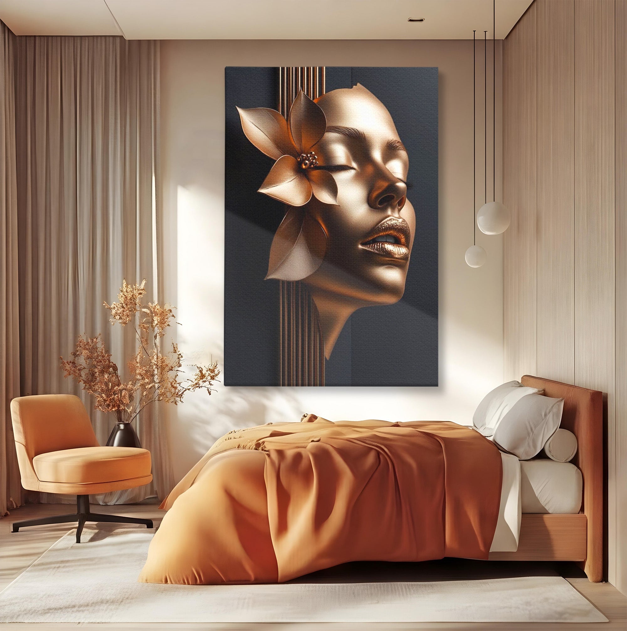 Tablou Canvas Premium LuxCanva® PI1266, Chip Auriu Cu Floare, Portret, Floral, Modern, Eleganta, Dormitor, Birou, Culori Vibrante