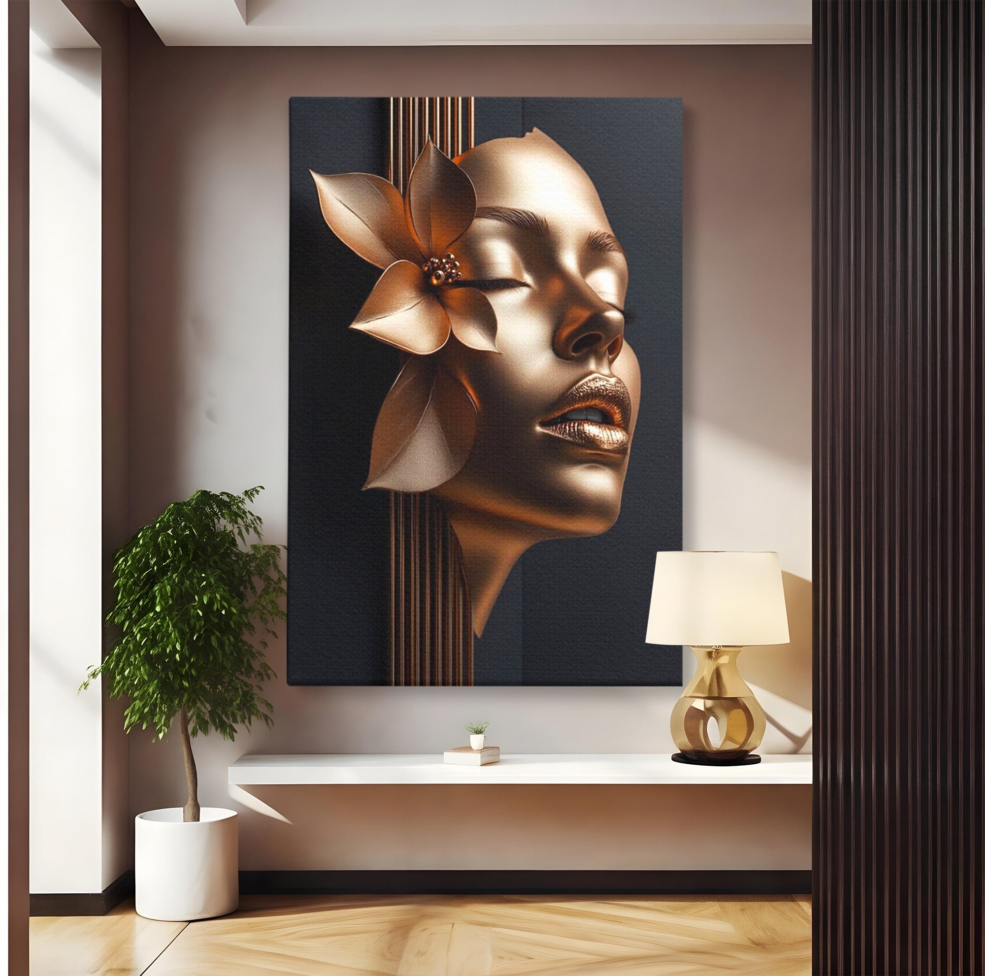 Tablou Canvas Premium LuxCanva® PI1266, Chip Auriu Cu Floare, Portret, Floral, Modern, Eleganta, Dormitor, Birou, Culori Vibrante