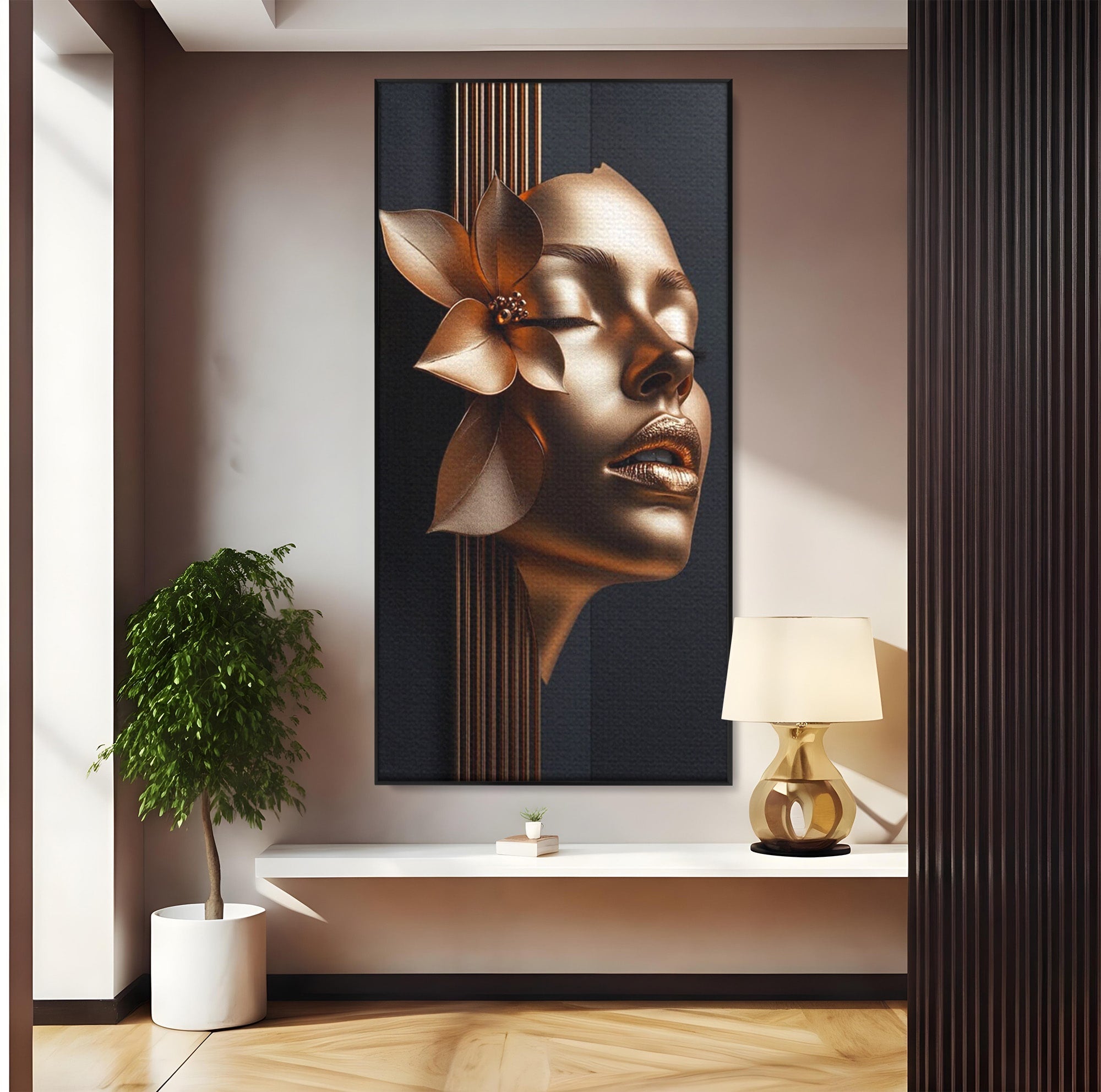 Tablou Canvas Premium LuxCanva® PI1266, Chip Auriu Cu Floare, Portret, Floral, Modern, Eleganta, Dormitor, Birou, Culori Vibrante
