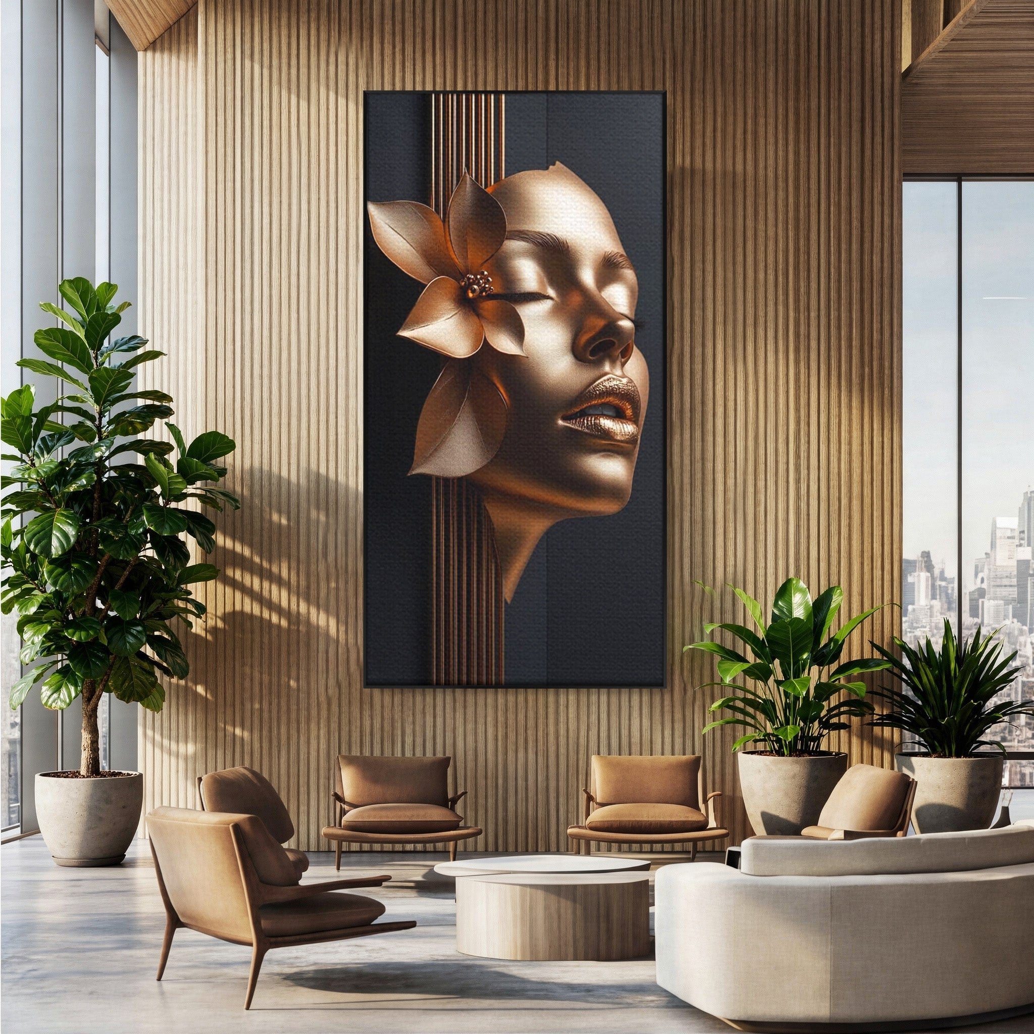 Tablou Canvas Premium LuxCanva® PI1266, Chip Auriu Cu Floare, Portret, Floral, Modern, Eleganta, Dormitor, Birou, Culori Vibrante