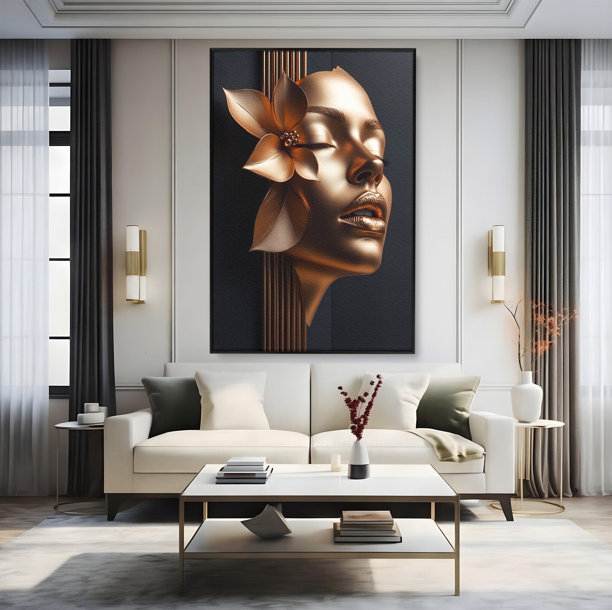 Tablou Canvas Premium LuxCanva® PI1266, Chip Auriu Cu Floare, Portret, Floral, Modern, Eleganta, Dormitor, Birou, Culori Vibrante