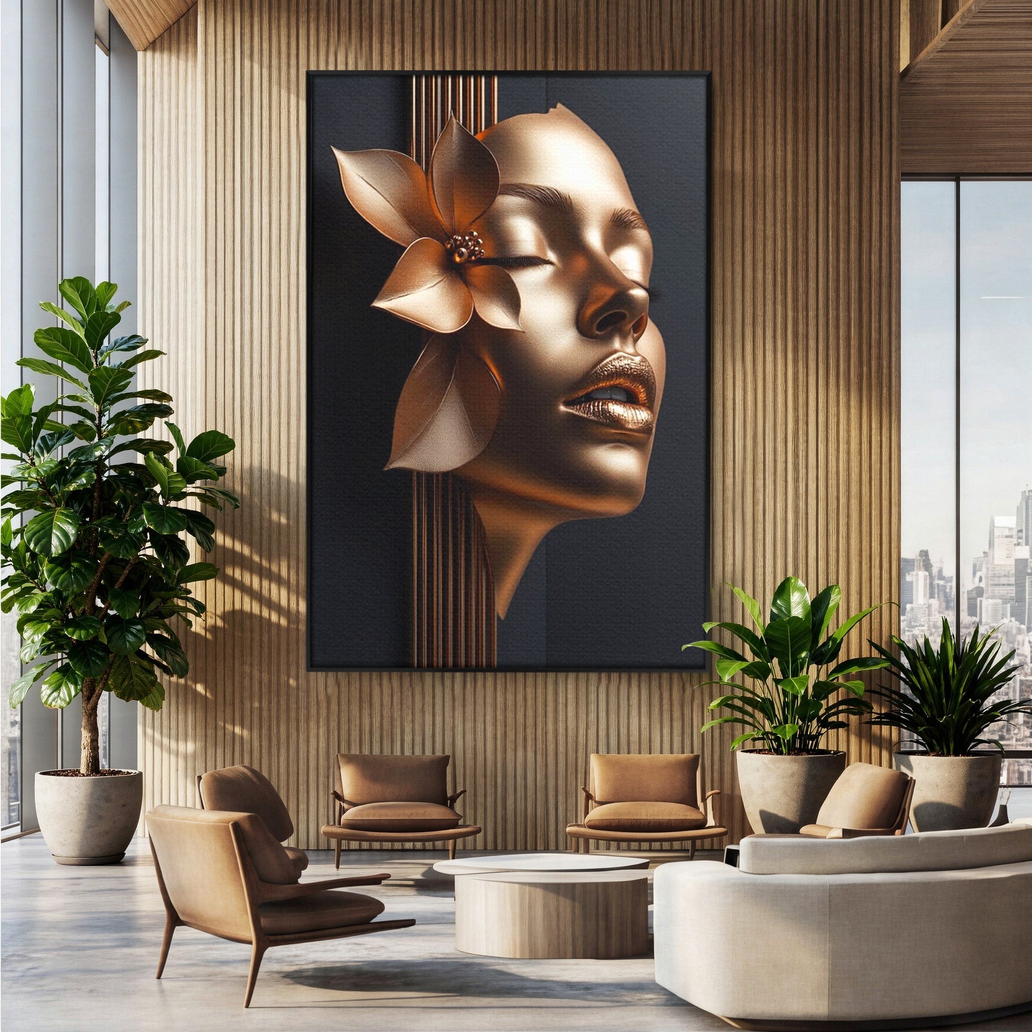 Tablou Canvas Premium LuxCanva® PI1266, Chip Auriu Cu Floare, Portret, Floral, Modern, Eleganta, Dormitor, Birou, Culori Vibrante