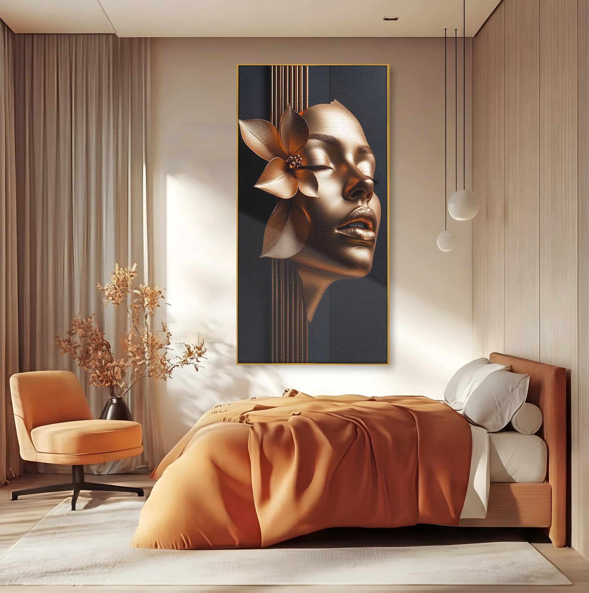 Tablou Canvas Premium LuxCanva® PI1266, Chip Auriu Cu Floare, Portret, Floral, Modern, Eleganta, Dormitor, Birou, Culori Vibrante
