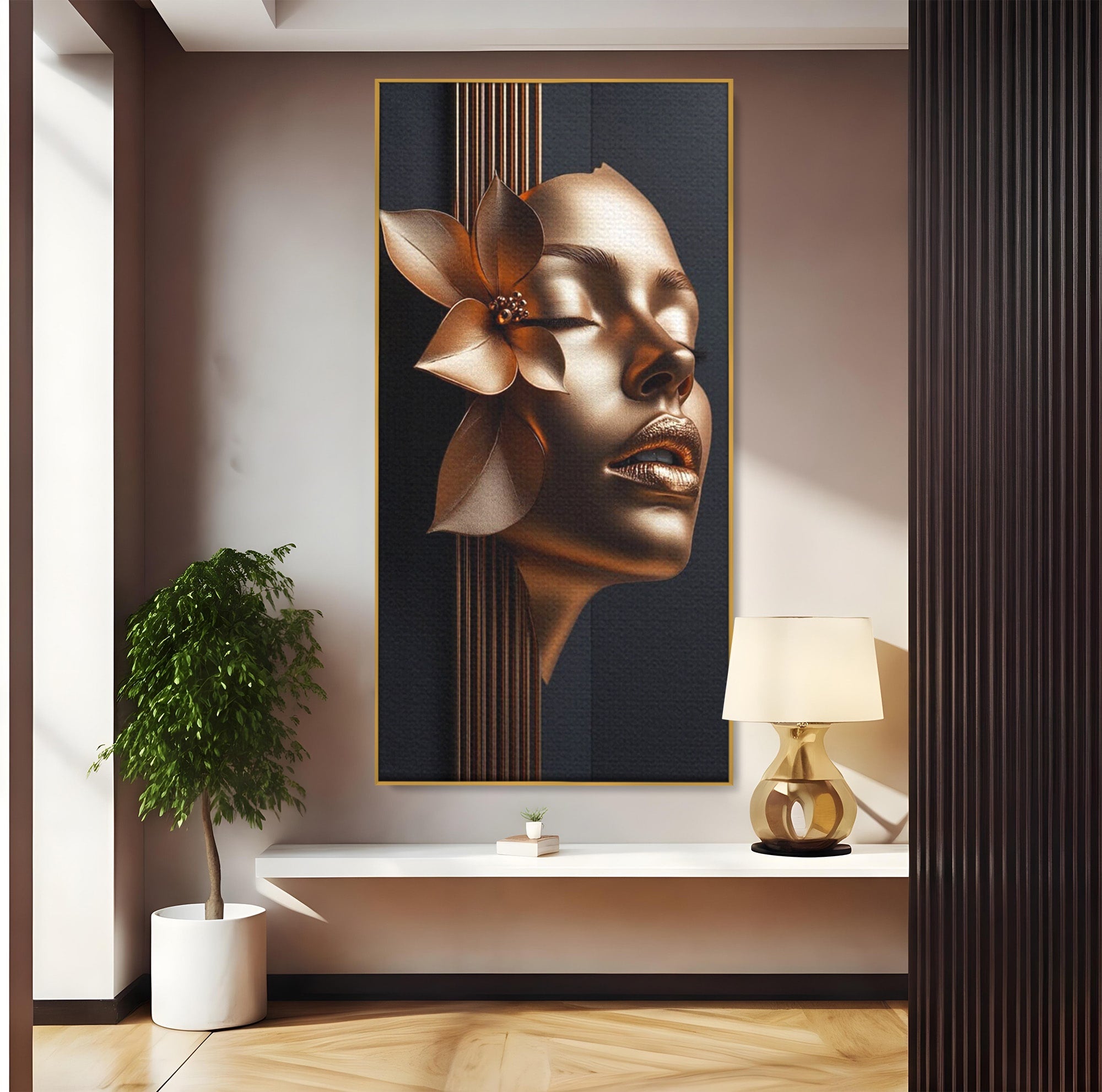 Tablou Canvas Premium LuxCanva® PI1266, Chip Auriu Cu Floare, Portret, Floral, Modern, Eleganta, Dormitor, Birou, Culori Vibrante