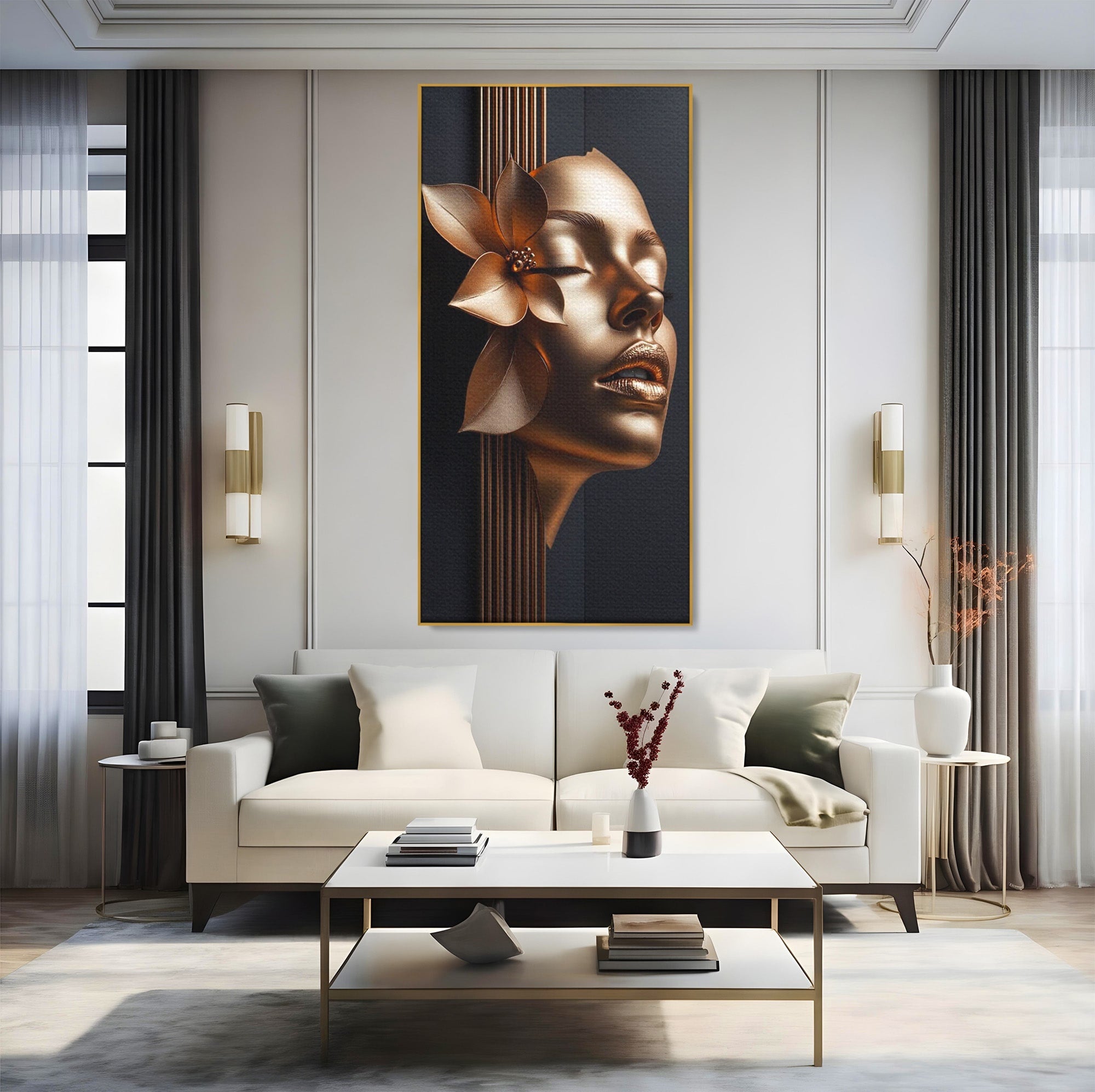 Tablou Canvas Premium LuxCanva® PI1266, Chip Auriu Cu Floare, Portret, Floral, Modern, Eleganta, Dormitor, Birou, Culori Vibrante