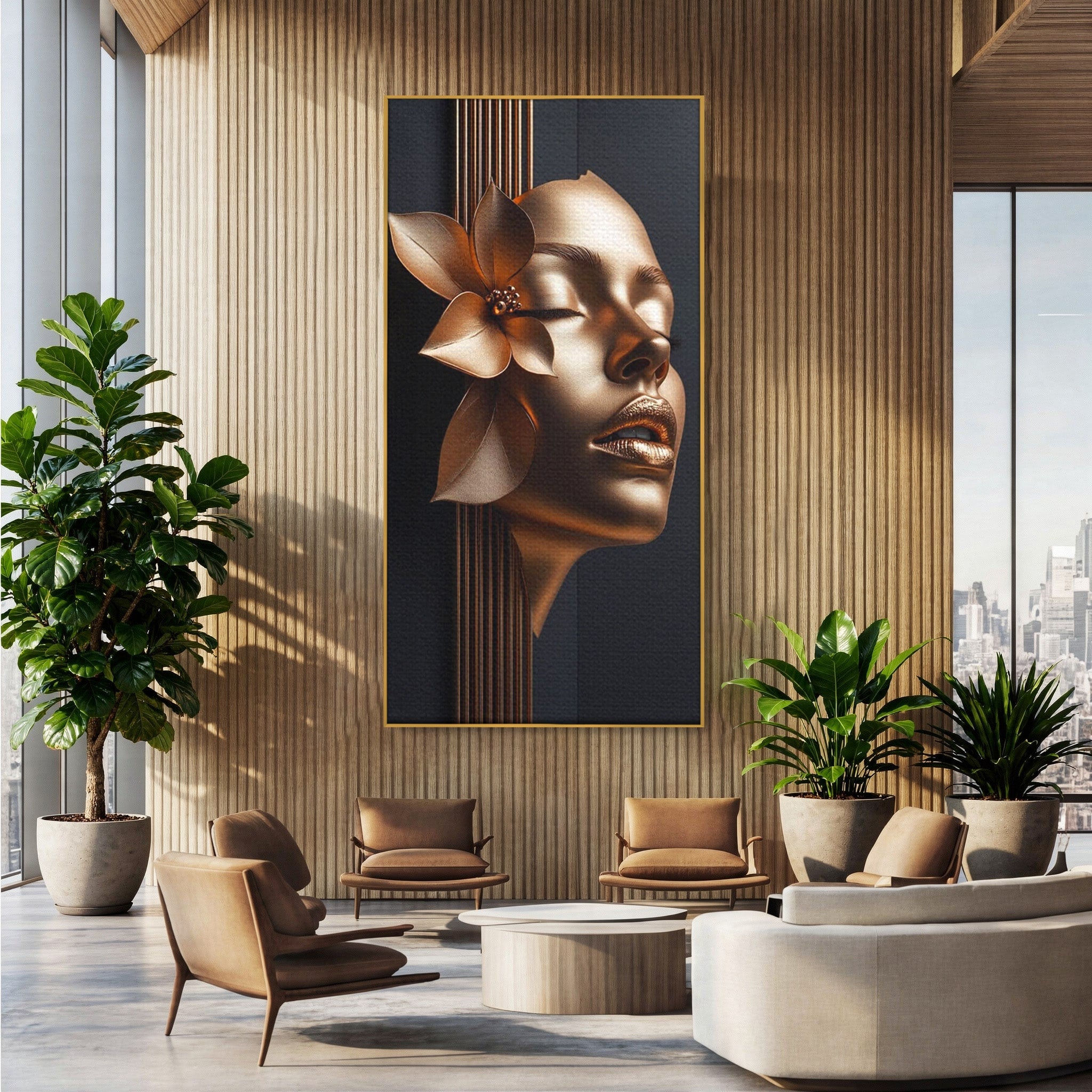Tablou Canvas Premium LuxCanva® PI1266, Chip Auriu Cu Floare, Portret, Floral, Modern, Eleganta, Dormitor, Birou, Culori Vibrante