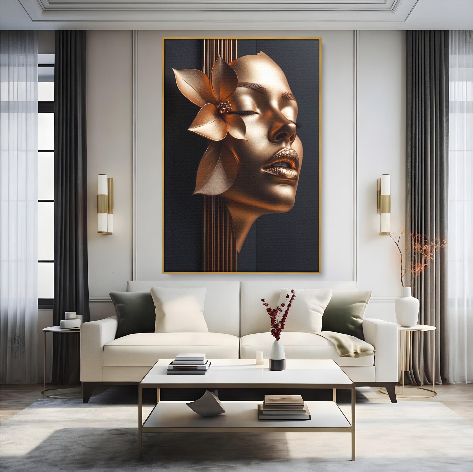 Tablou Canvas Premium LuxCanva® PI1266, Chip Auriu Cu Floare, Portret, Floral, Modern, Eleganta, Dormitor, Birou, Culori Vibrante