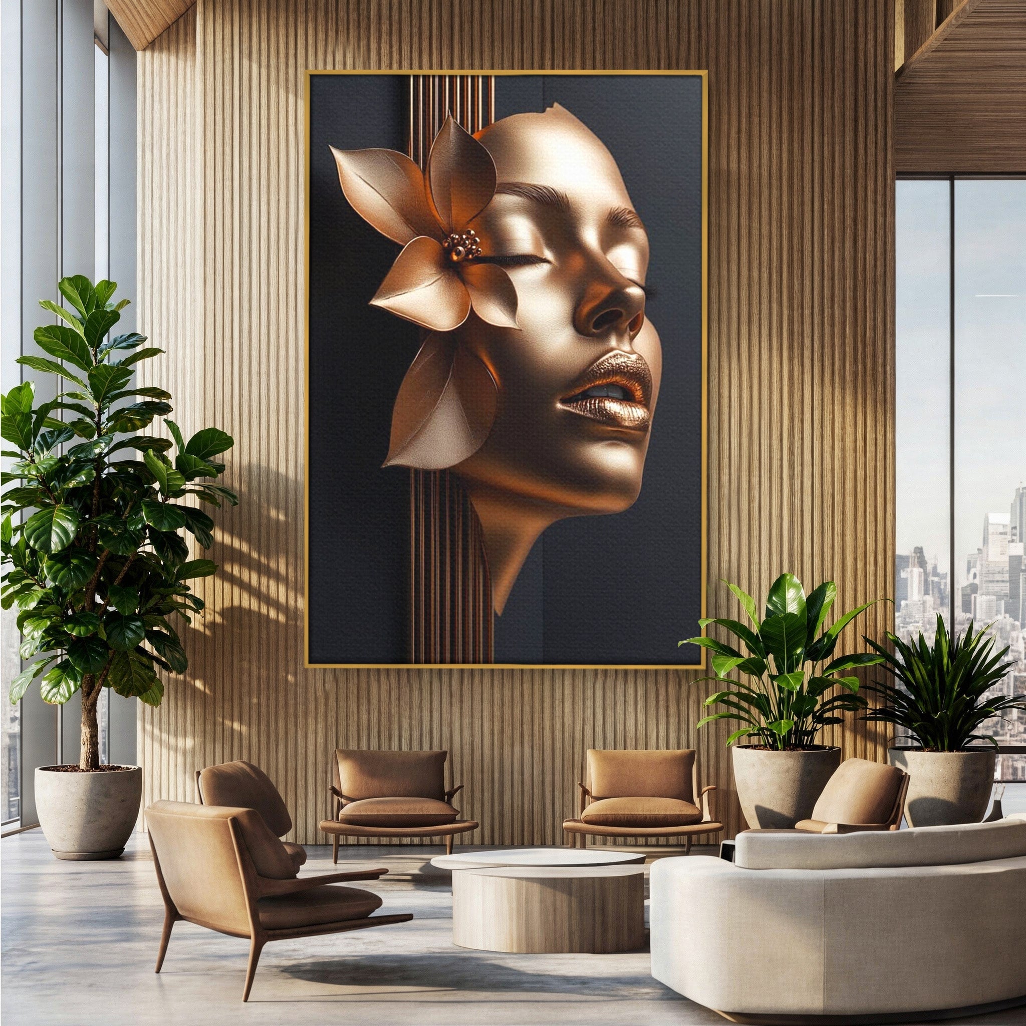 Tablou Canvas Premium LuxCanva® PI1266, Chip Auriu Cu Floare, Portret, Floral, Modern, Eleganta, Dormitor, Birou, Culori Vibrante
