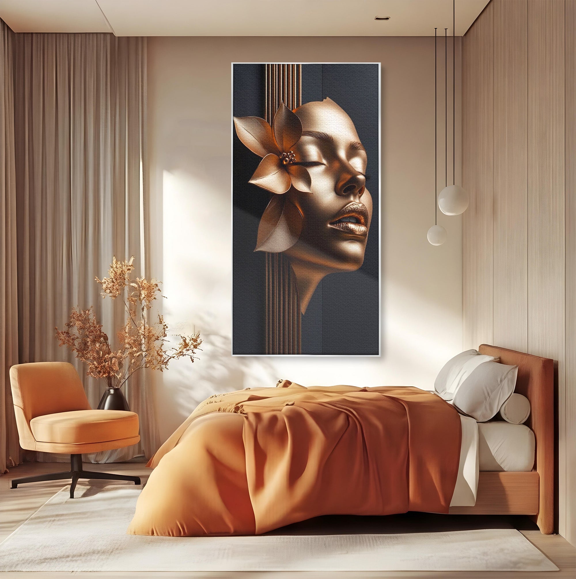 Tablou Canvas Premium LuxCanva® PI1266, Chip Auriu Cu Floare, Portret, Floral, Modern, Eleganta, Dormitor, Birou, Culori Vibrante