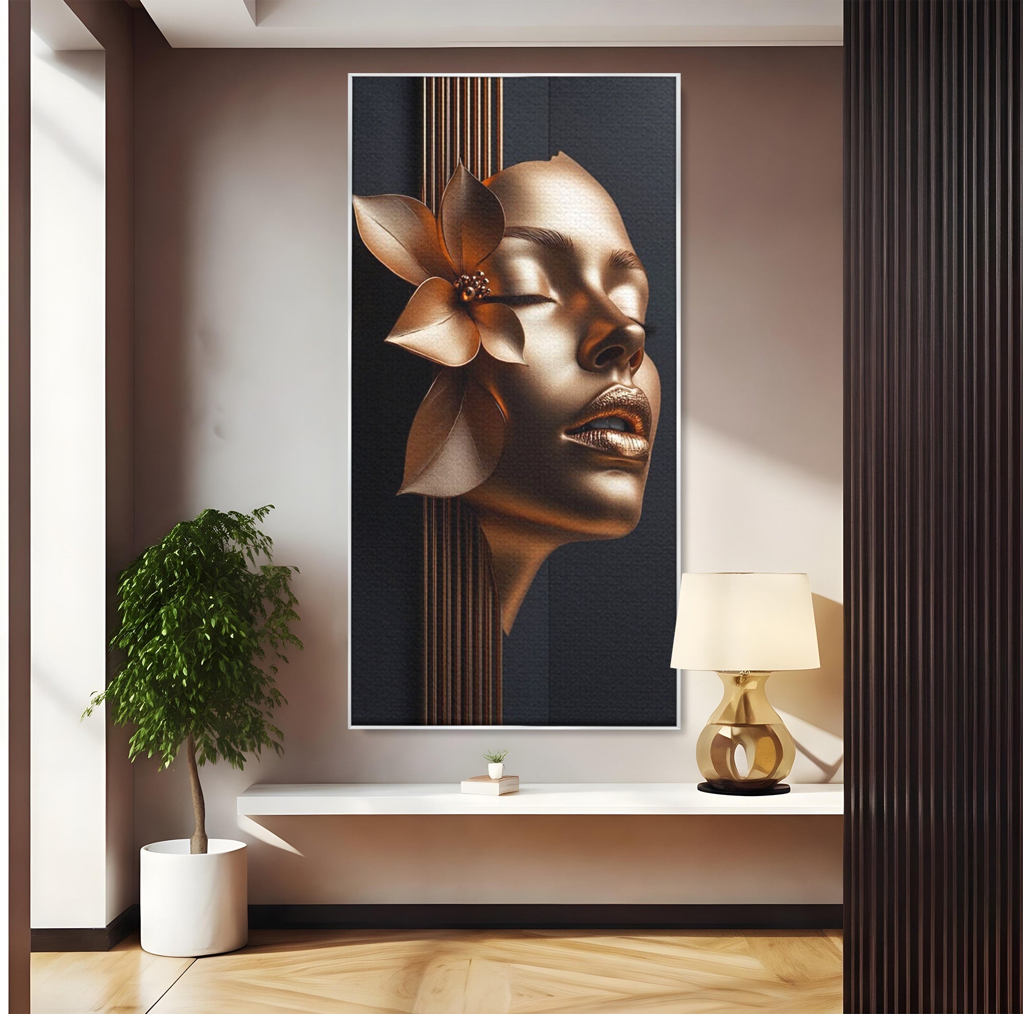 Tablou Canvas Premium LuxCanva® PI1266, Chip Auriu Cu Floare, Portret, Floral, Modern, Eleganta, Dormitor, Birou, Culori Vibrante