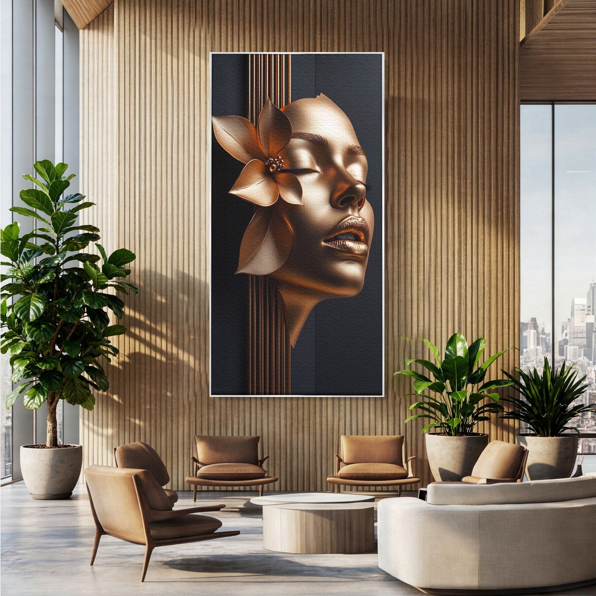 Tablou Canvas Premium LuxCanva® PI1266, Chip Auriu Cu Floare, Portret, Floral, Modern, Eleganta, Dormitor, Birou, Culori Vibrante
